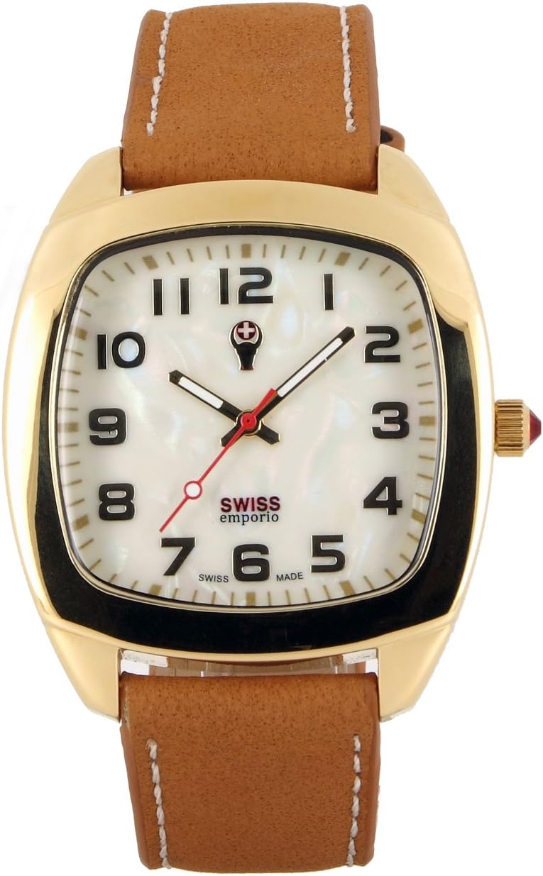 Swiss Emporio Men's Quartz Swiss Made Watch with Mother of Pearl Dial Analogue Display and Brown Leather Strap SE05MPGL10