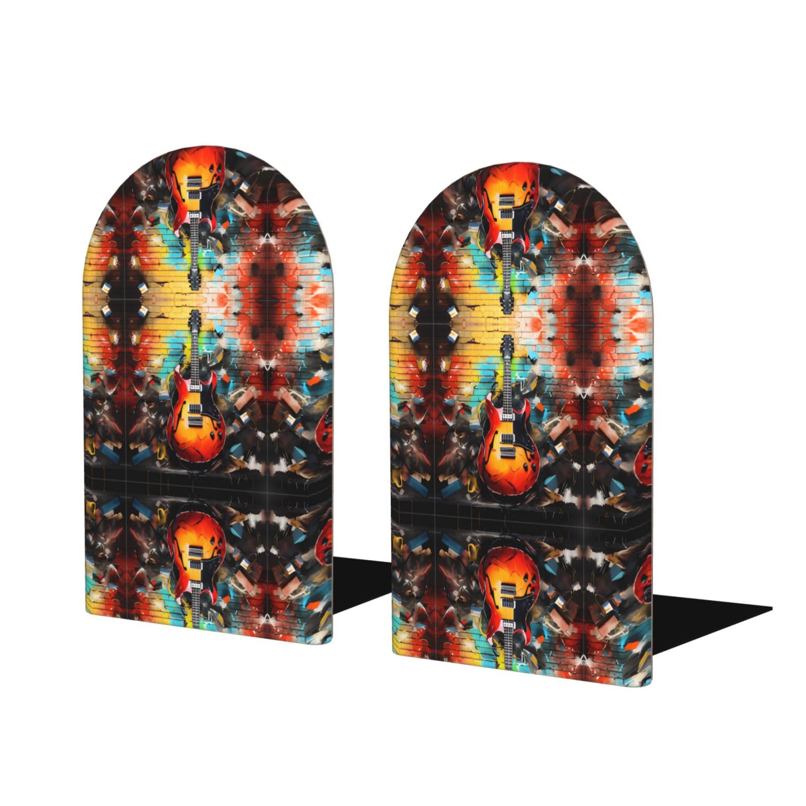 Guitar Painting Stylish Bookends with Full-Print Design Durable Wooden and Metal Bookend Set for Home, Office