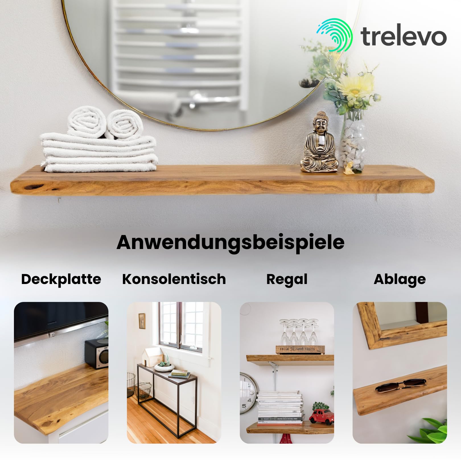 Holzplatte 120x30 cm, Akazienholz massiv 26mm, Tischplatte naturfarben, Baumkantenplatte für Regale und Rückenlehne Bank, einseitige Baumkante