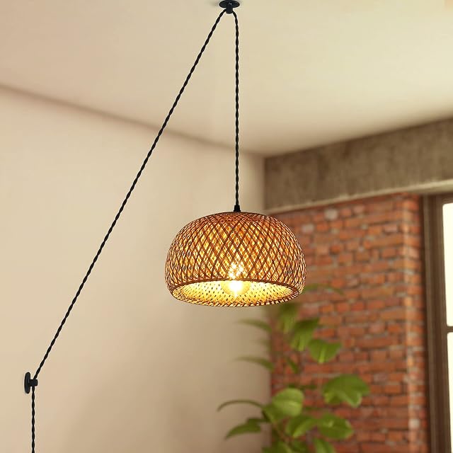 Plug in Bamboo Pendant Lighting for Kitchen Island, Pendant Hanging Fixture with 2 Wall Mounted Holders Cordred Industrial Chandelier Lights for Living Room, Bedroom, Dinner Room(28x15cm)