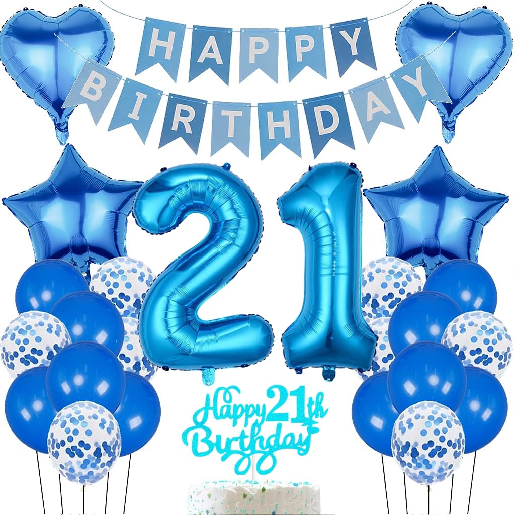Anlgdi Birthday Decoration 21 Year Man, Balloon 21st Birthday Decoration, Blue Foil Balloon 21st Birthday Men Decoration, Happy Birthday Banner Decoration 21st Birthday Woman, Decoration 21st Birthday