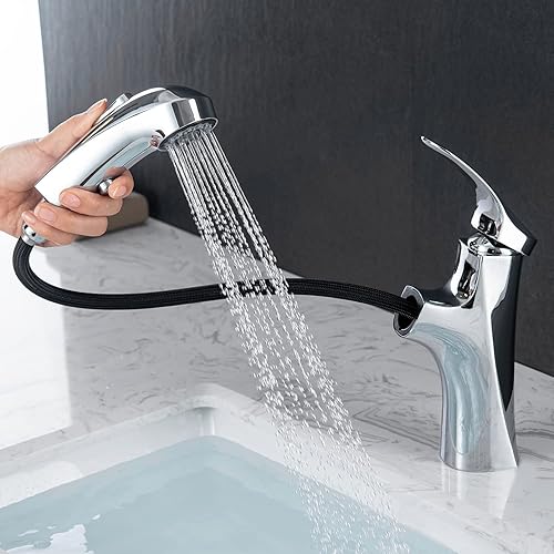 MIAOHUI Grifo de baño extraíble cromado, grifo de lavabo de baño de un solo orificio con 3 modos de rociador, grifo de tocador moderno de una manija