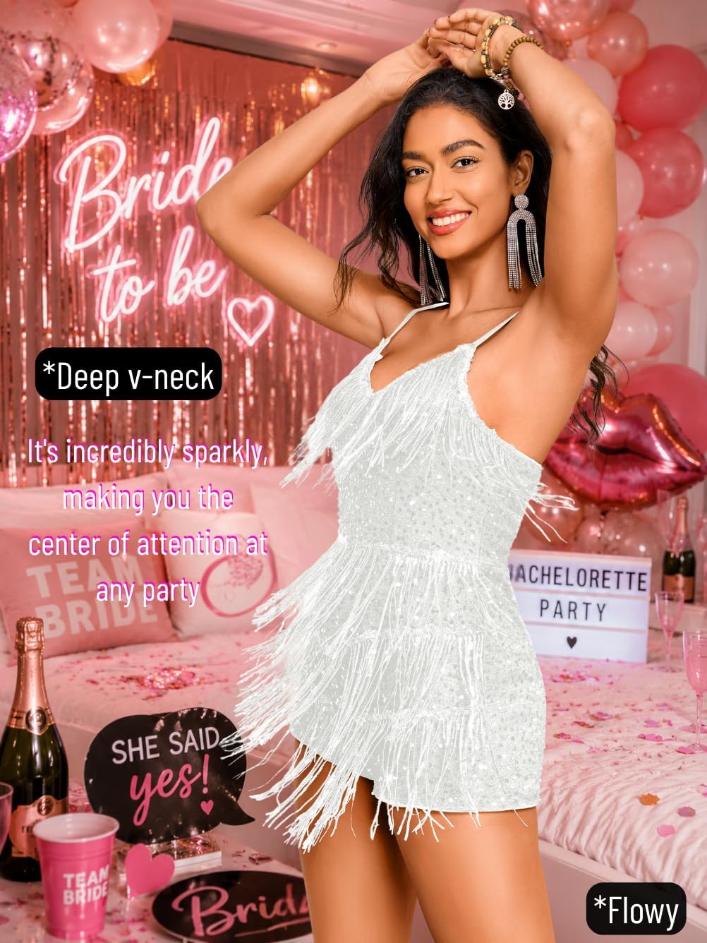 Kaei&Shi Sparkly Fringe Romper, Sexy Backless Sequin Disco Outfit Woman