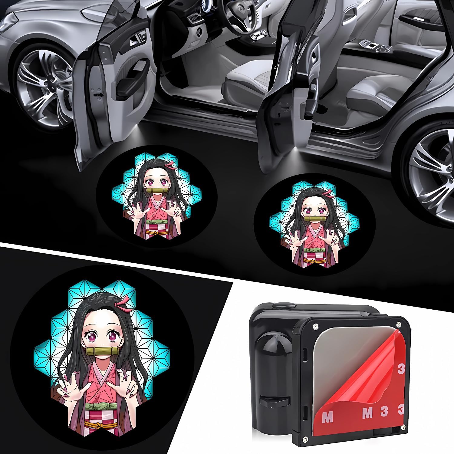 2Pcs Nezuko Kamado Car Door Lights Logo Projector，Car Door