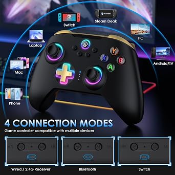 Moonag Wireless PC Controller with Hall Effect Joystick, 2.4G Wireless & Wired 1000Hz Polling Rate, Turbo & Dual Vibration, RGB Lighting, Gaming Controller for PC/Switch/iOS/Android, Black