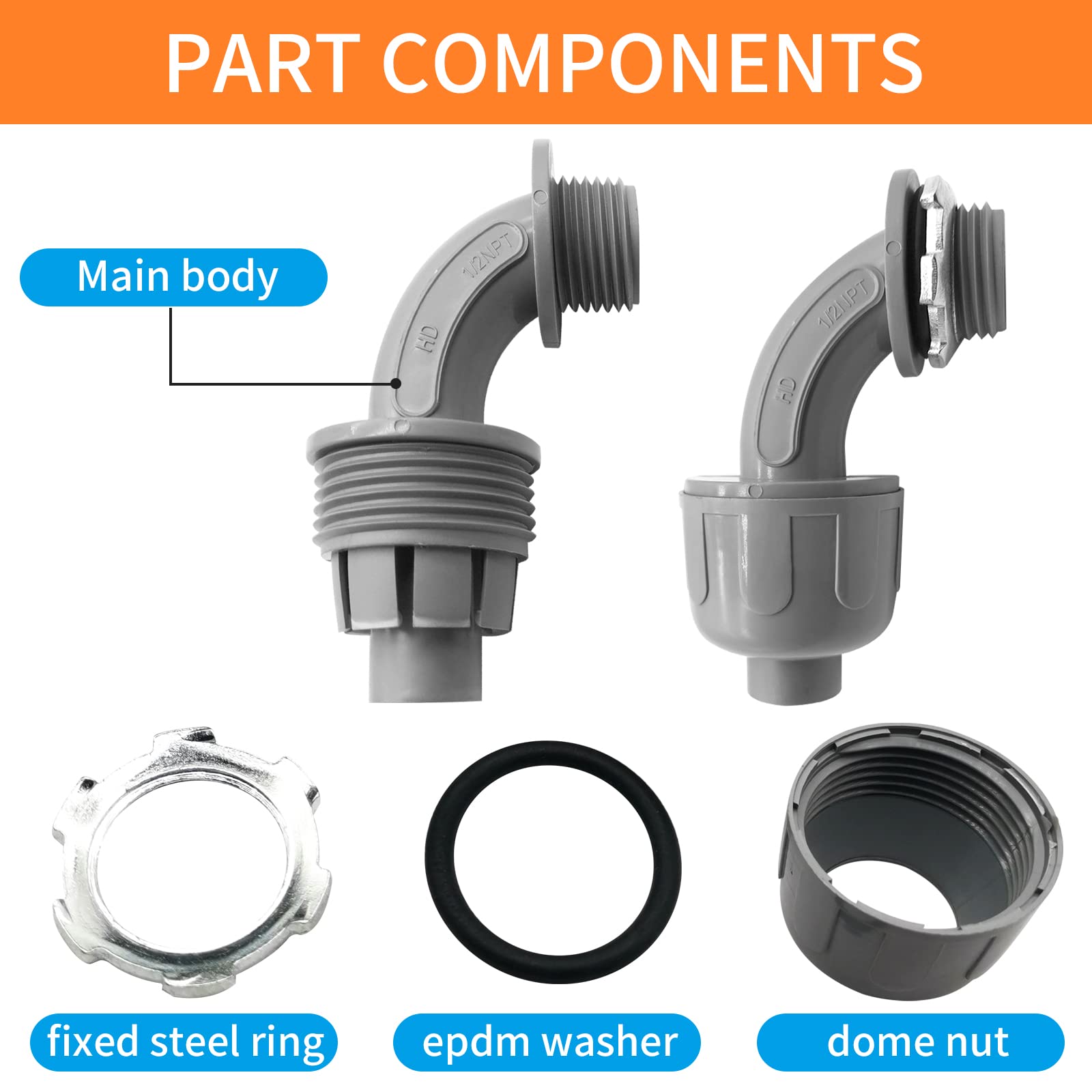 Conector flexible de conducto hermético a líquidos de 1/2 pulgada, conector de conducto flexible de PVC, accesorios de conducto eléctrico, certificado UL (1/5.1 cm-30 unidades)