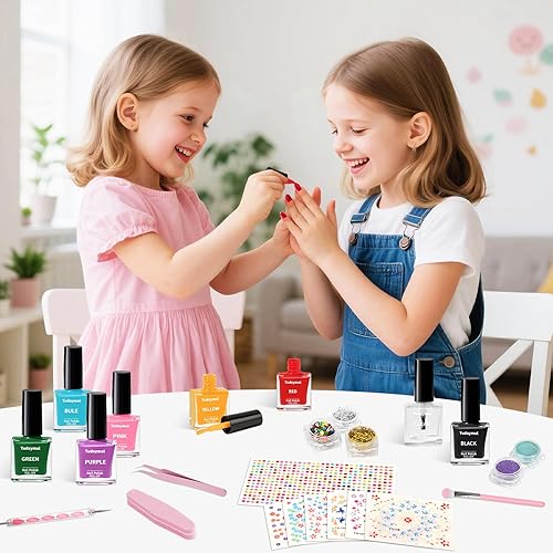 Miniatura 6 de Tudaymol Juego de esmaltes de uñas para niños, esmalte pelable a base de agua, 8 colores con purpurina, gemas, calcomanías, bolígrafos,