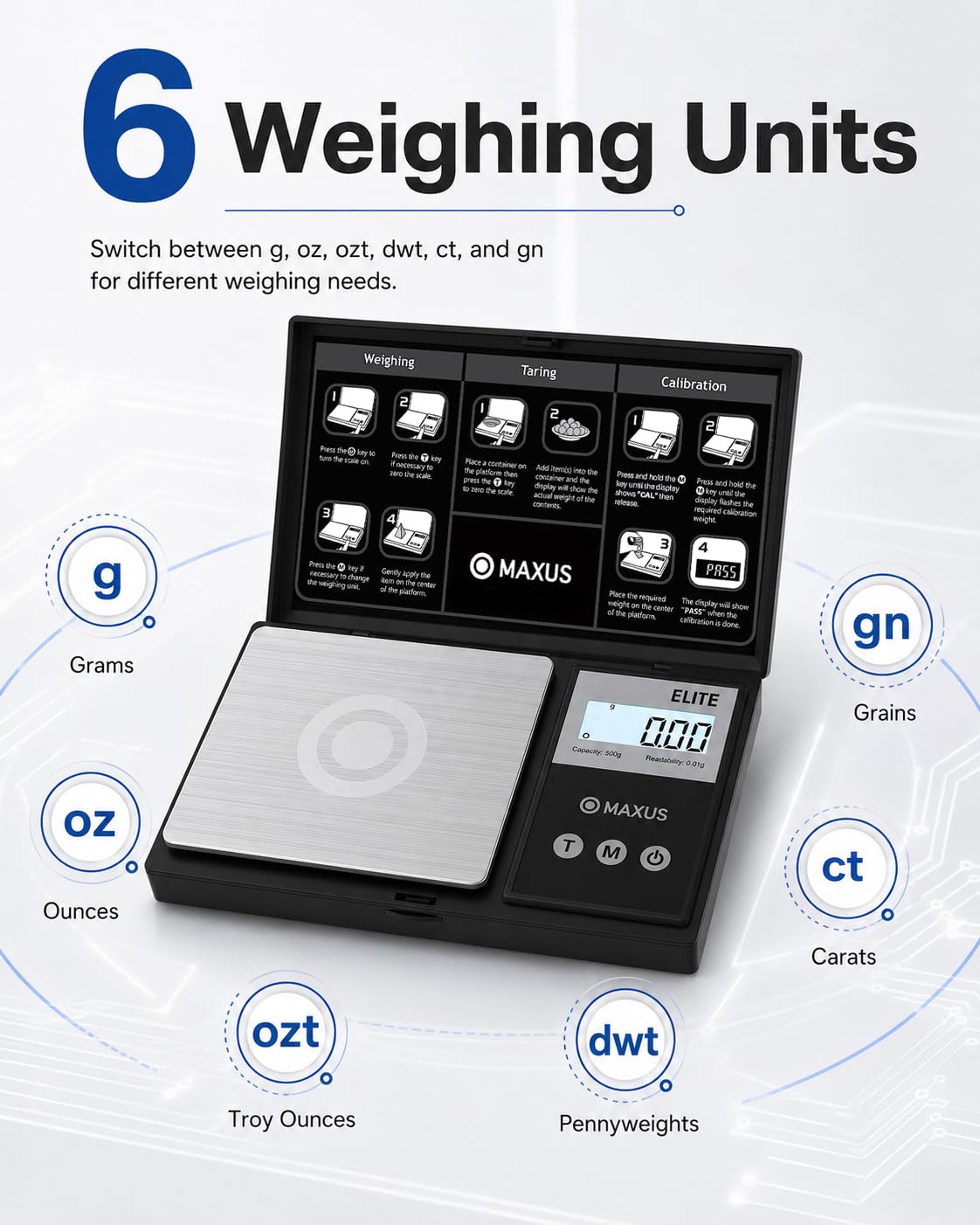 MAXUS Digital Pocket Gram Scale 500g x 0.01g High Precision with Tray, Weighs Small Food, Jewelry, Ounces, Grains, LCD Display, Tare Function