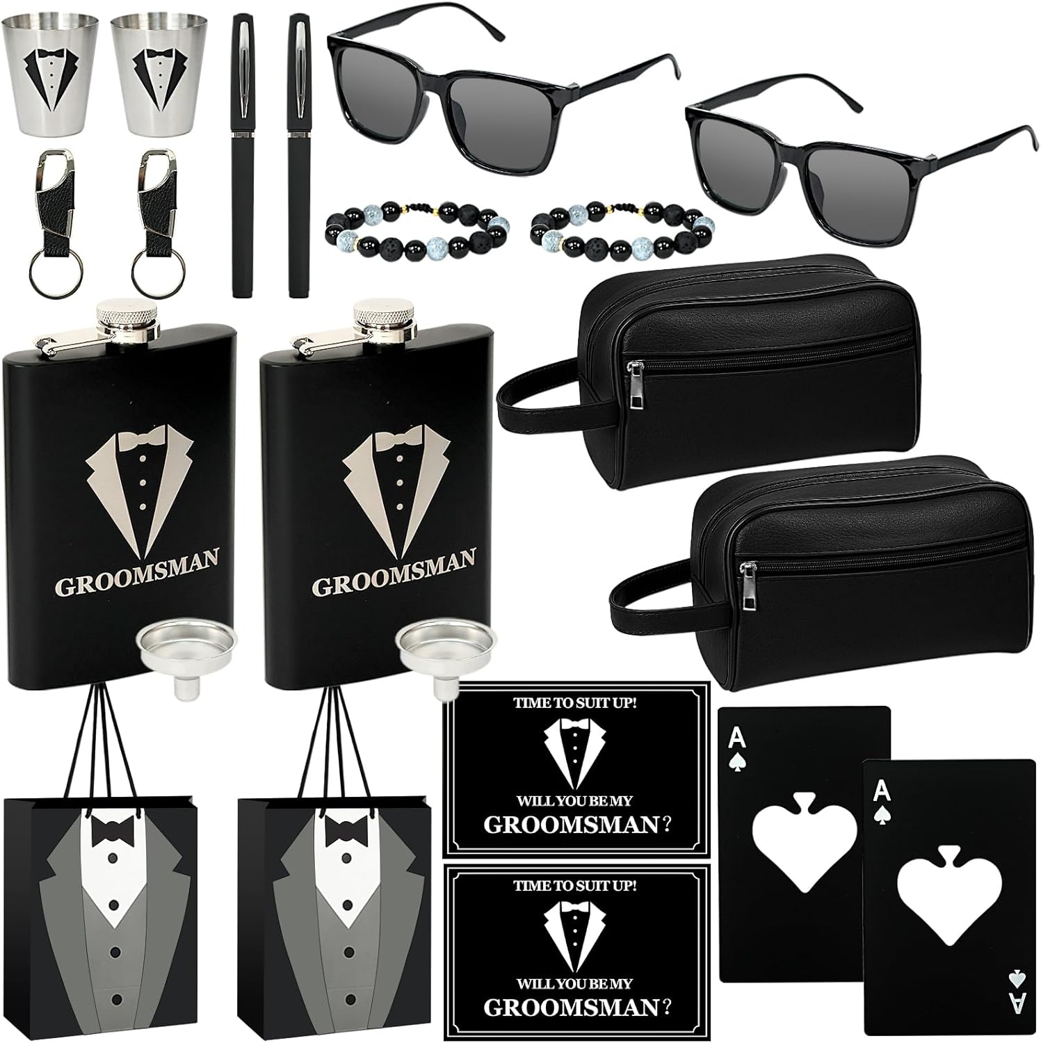 Set 4 Groomsmen Proposal Gifts - Groomsmen Gift Boxes with Leather Bag，Tuxedo Flask, Funnel，Shot Glasse，Poker Card Bottle Openers, Sunglasses, Pen，Bracelet, Card & Gift Bags for Wedding Party
