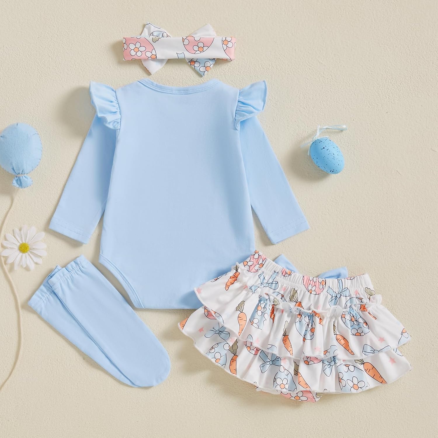 BeQeuewll Newborn Baby Girl Easter Outfit Bunny Clothes Romper+Bloomers Tutu Skirt+Socks+Headband Set First Easter Outfit - Image 3