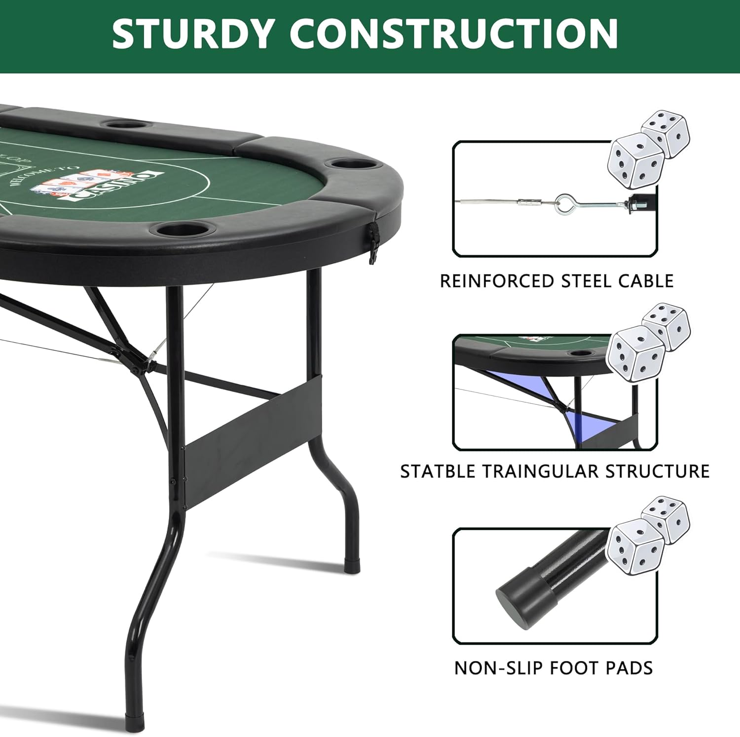 8 Player Folding Poker Tables, Texas Holdem Table with Padded Rails & Cup Holders, Foldable Casino Poker Table, Oval Blackjack Tables Foldable Leisure (Green)