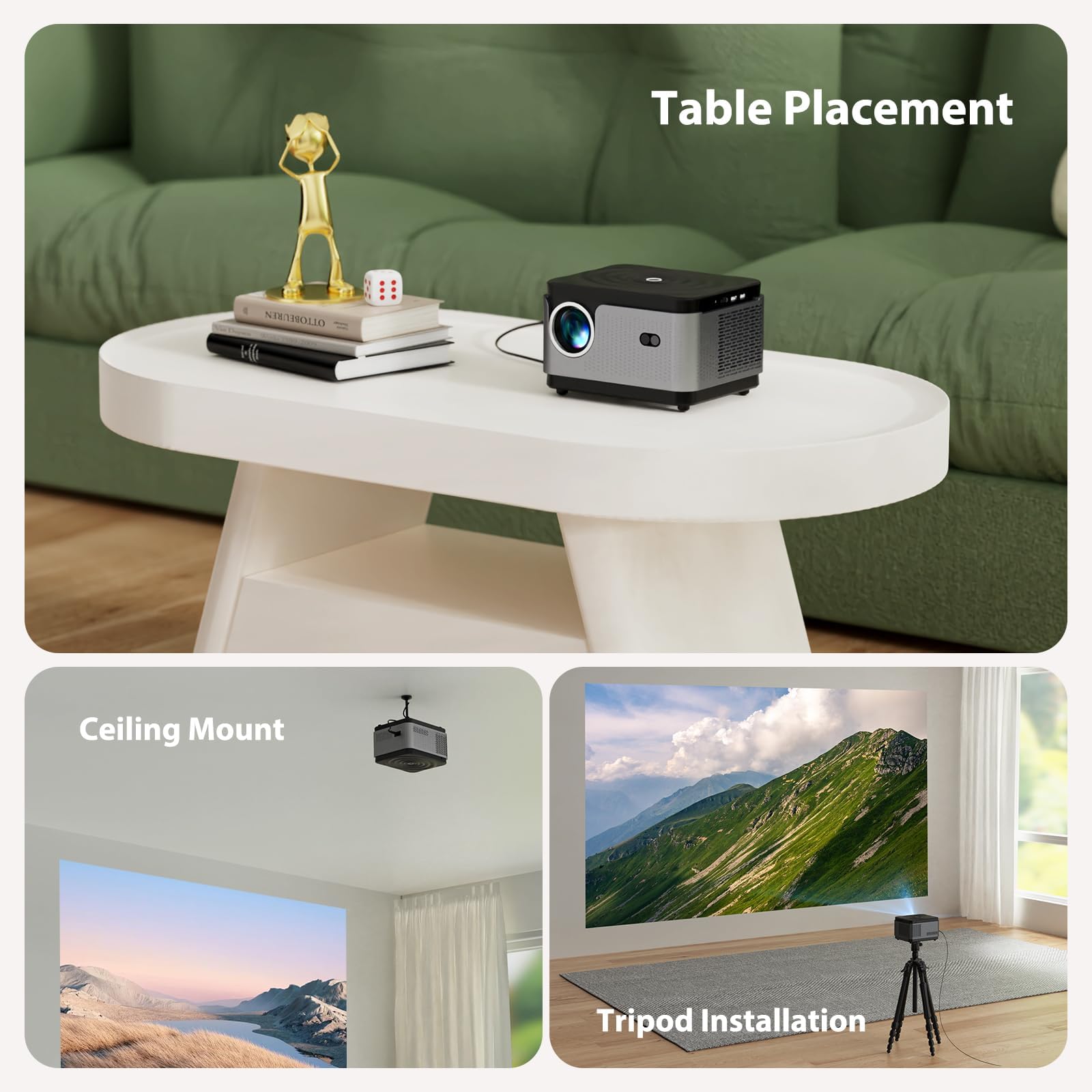 Vidéoprojecteur, Auto Focus/Keystone, 30000 Lumens 1080P FHD WiFi BT Video Projecteur 4K Supporté, Zoom 50%, Miracast pour Téléphone/PC, Projecteur Portable pour Réunion, Fêtes et Loisirs à Domicile