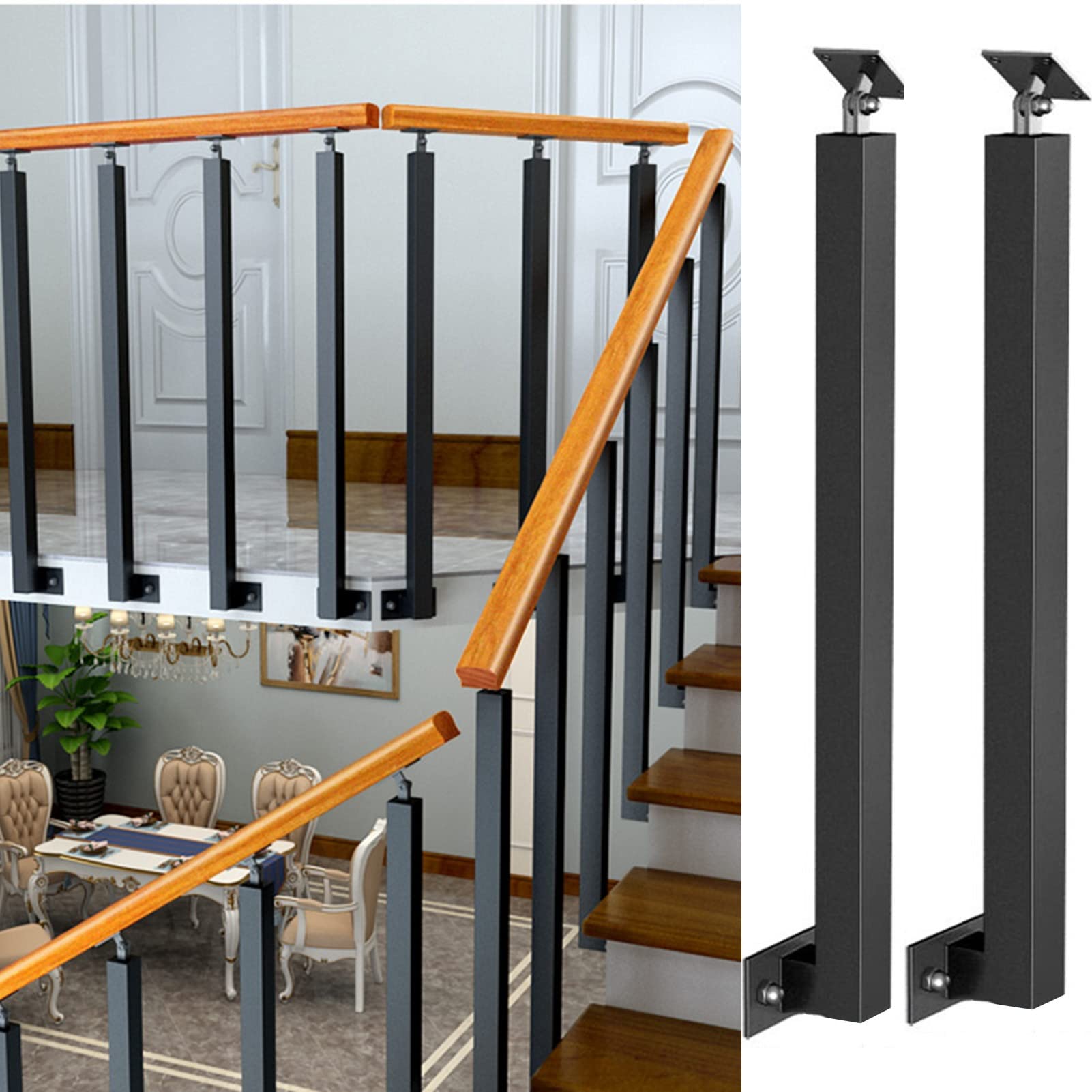 Poteau de Garde-Corps en métal avec kit d'installation pour escaliers réglables, Rampe à Fixation latérale, pour Balcon et Porche intérieurs et extérieurs, Lot de 2 (Hauteur 95 cm/
