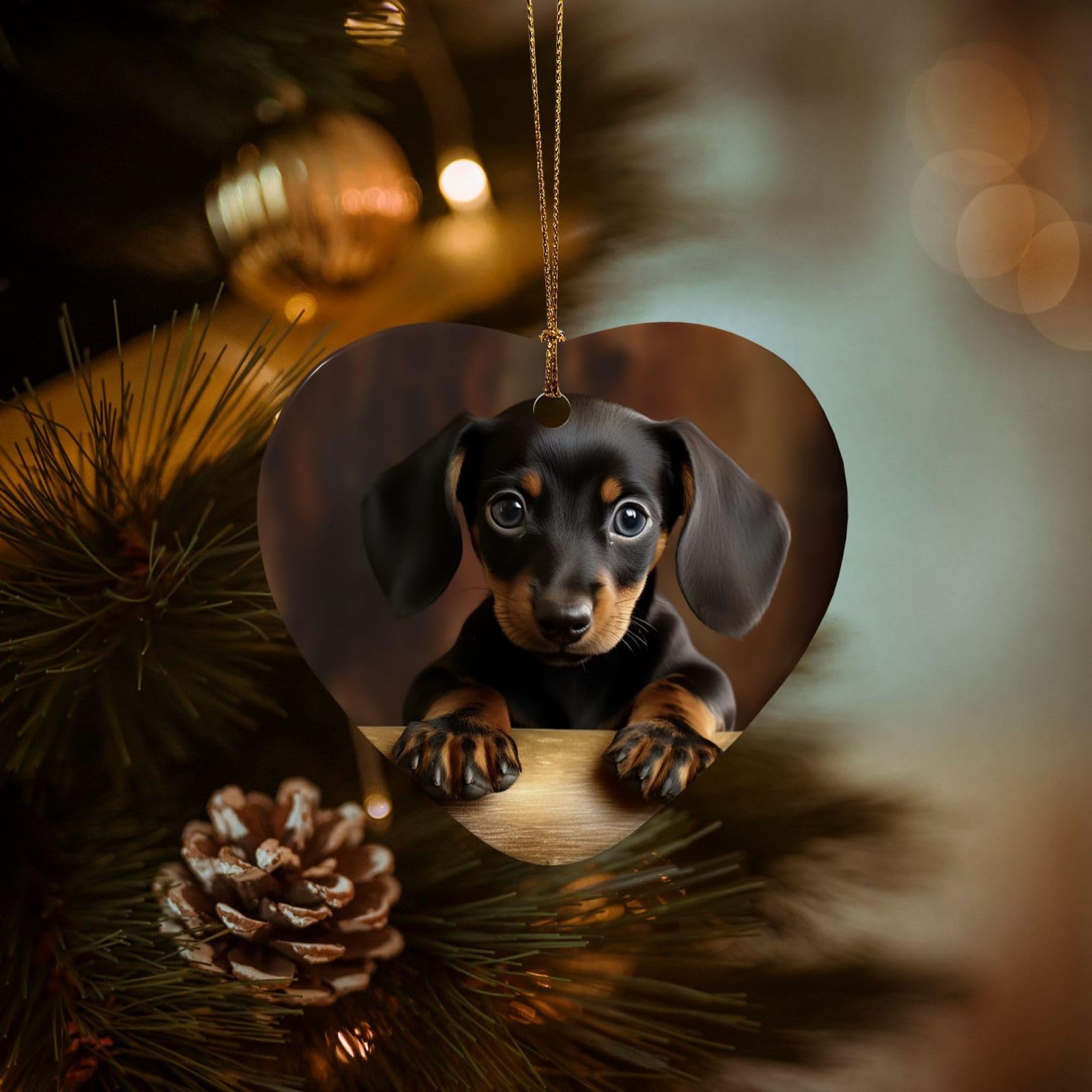 Christmas Ornaments for Christmas Tree Decoration Hanging Dog Dachshund Ornament with Gold Ribbon Crafts Heart Shape Ceramic Pendant for Keepsake Gifts Xmas Decor Party Supplies