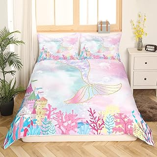 Erosebridal Mermaid Tail Bedding Kids Pastel Rainbow Gradient Glitter Comforter Cover Girly Kawaii Mermaid Princess Bedroom Decor Cute Little Mermaid Sequins Duvet Cover Twin Size