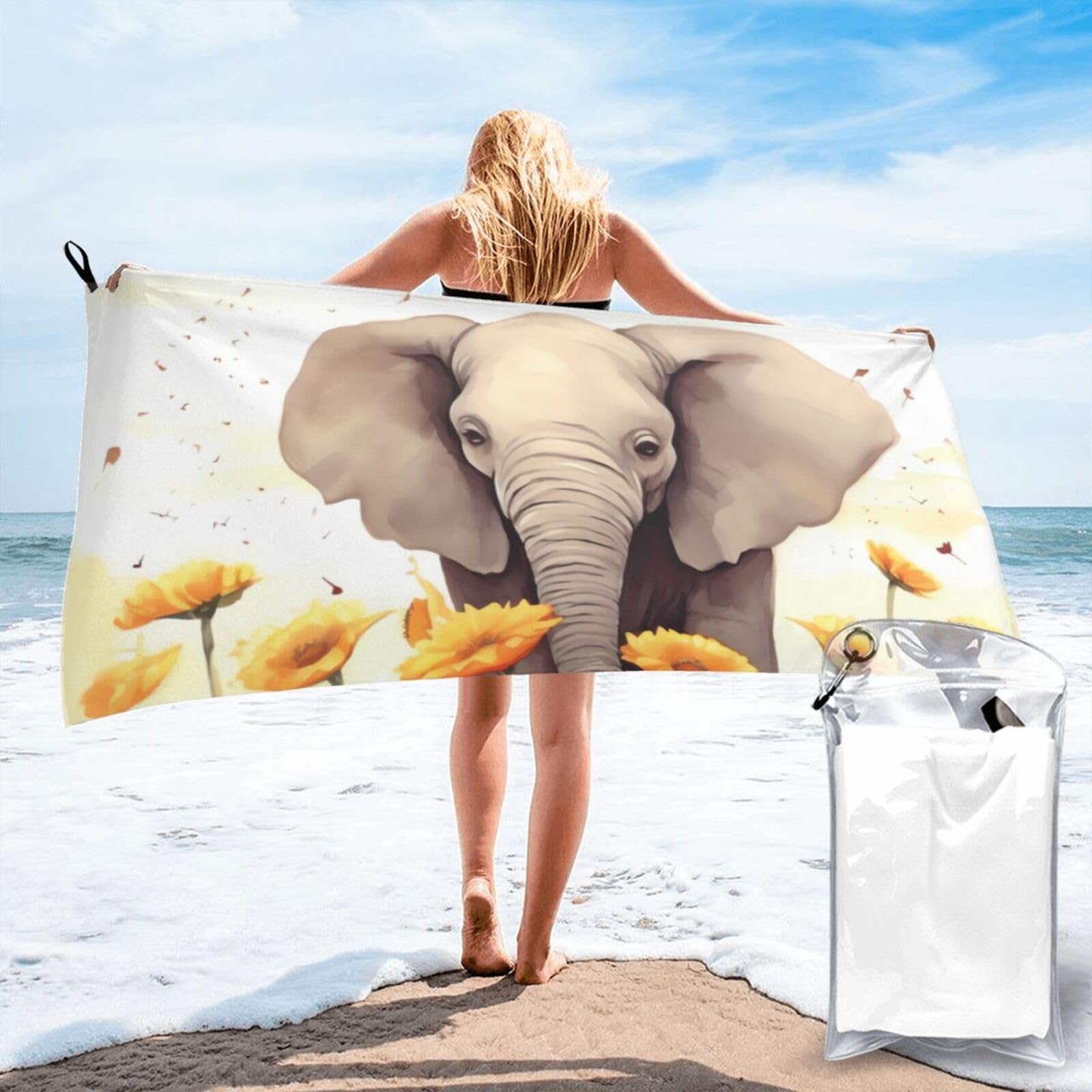 DWVTSLH Microfiber Sand Free Beach Towel 27.5"x55", Quick Dry Absorbent Travel Towel Large Camping Blanket, Elephant and Sunflower Bath Towels Lightweight Pool Swim Towels for Vacation Essentials