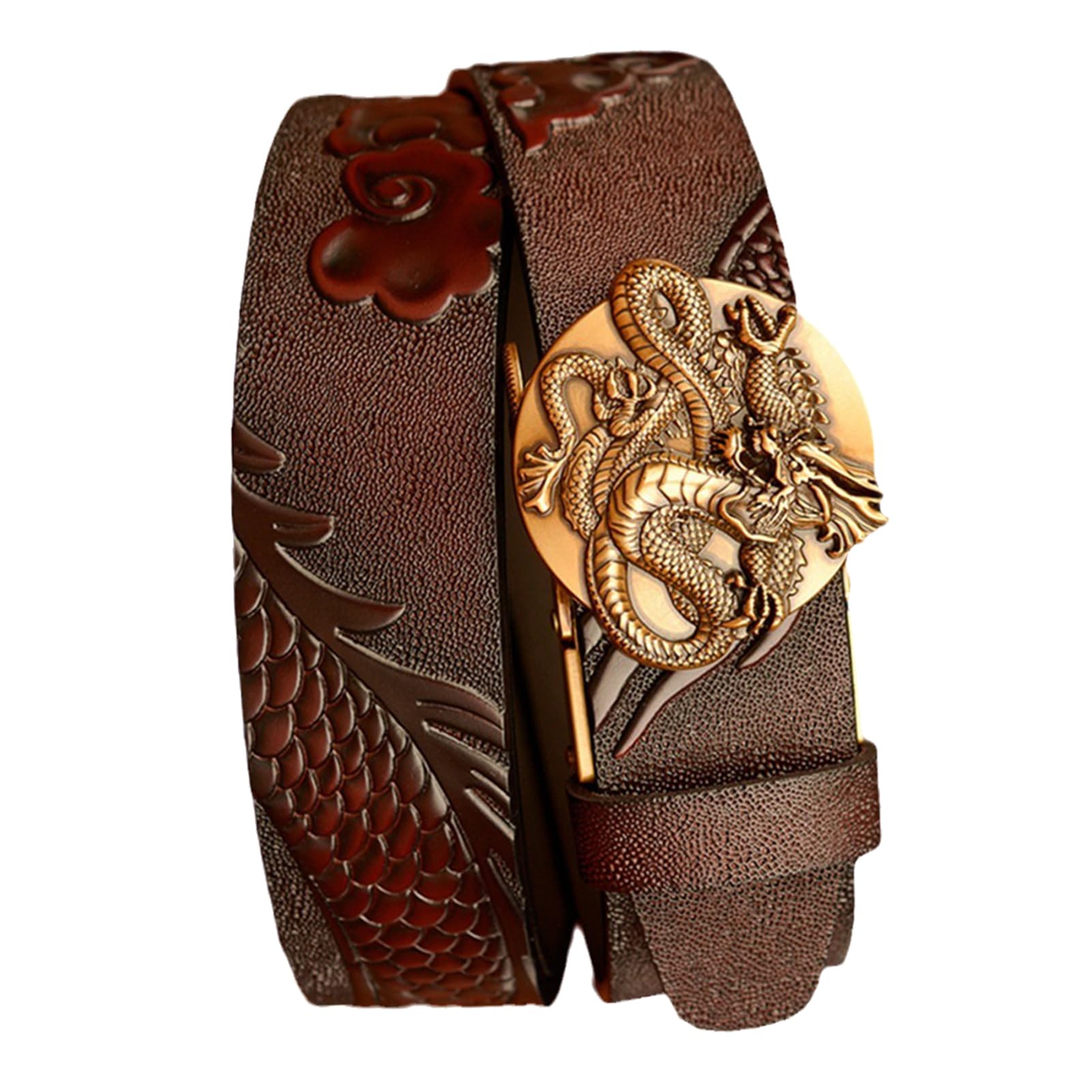 Cinturón De Cuero Con Trinquete, Hebilla Deslizante Automática Ajustable Grabado Dragón, Cinturón Vaca For Ocio, Café, 115cm, Se Adapta A Cintura 39"