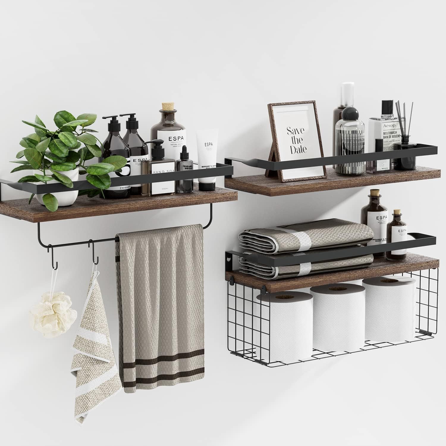 Set di 3 Mensole Sospese con Cestello Portaoggetti E Portasciugamani, Mensole Porta Carta sopra Il WC, Organizer per Mensole in Legno Rustico Montato A Parete per Bagno, Soggiorno, Cucina