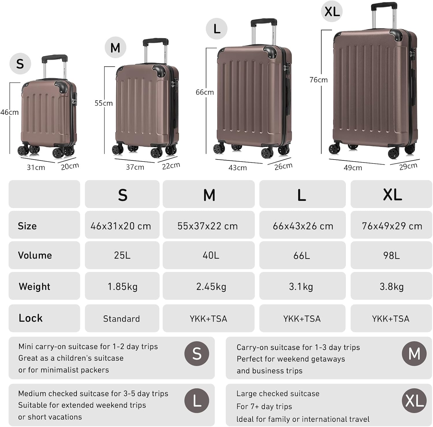 Suitcase, Trolley Suitcase, Rolling Suitcase Hand Luggage with 4x 360° Wheels, ABS Hard Shell, Security Lock, Soft Rubber Handle, 210D Lining, brown L YS2 Premium Brown