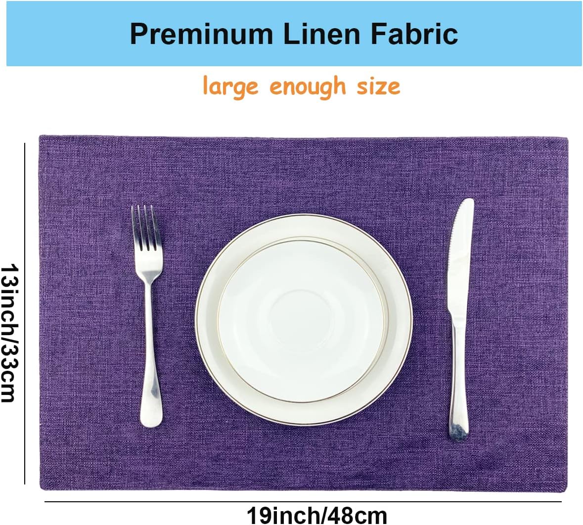 Weabetfu Cloth Placemats Set of 6 Heat Resistant Dining Table Placemmats Cotton Linen Machine Washable Kitchen Table Mats Wrinkle Free Thick Fabric Place Mat,Easy to Clean,13"x19" Purple