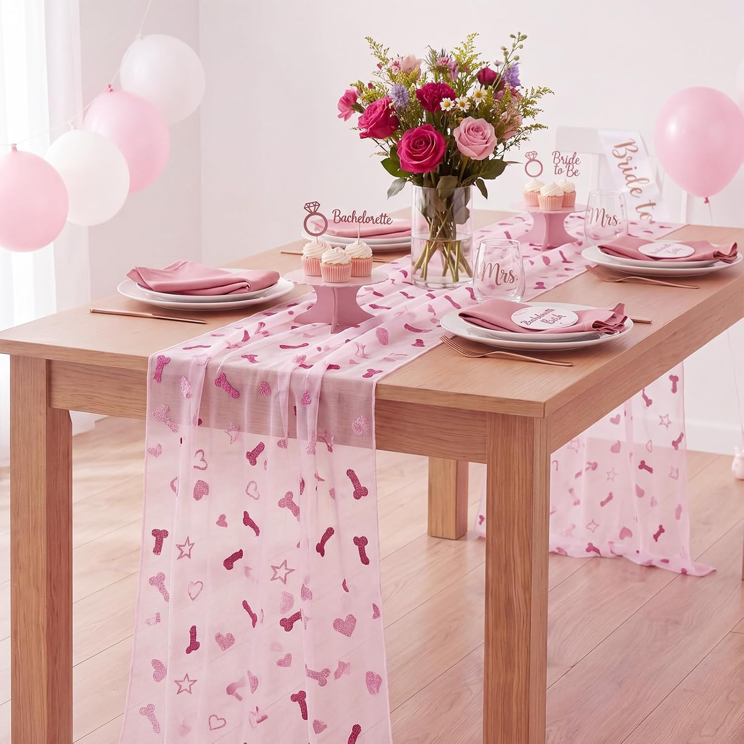 4 Pcs 29 x 70 Inch Bachelorette Party Tulle Table Runner Naughty Shiny Bachelorette Glitter Table Runner for Bach Party Decorations DIY Birthday Bridal Shower Kitchen Dining