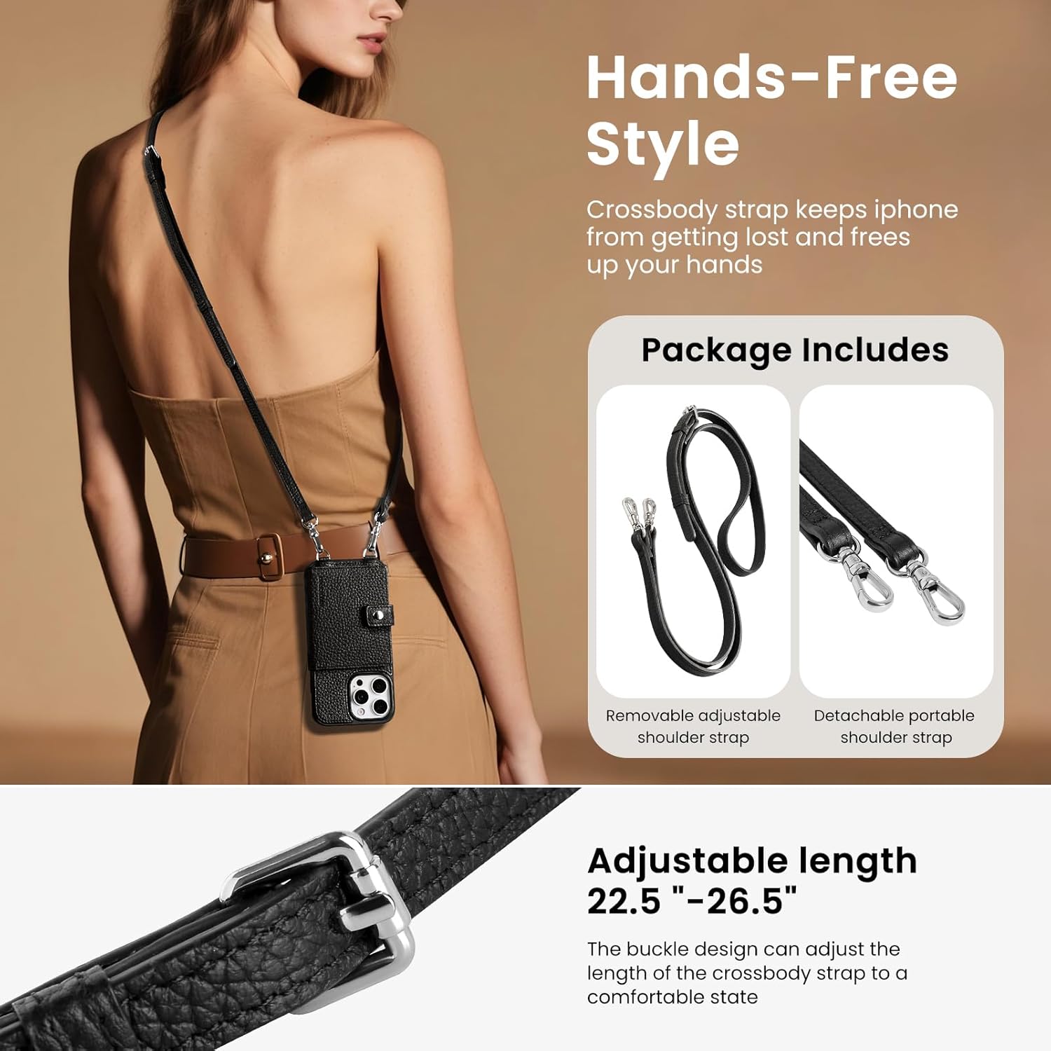 LUCKYCOIN for iPhone 16 Pro Crossbody Wallet Phone Case,Compatible with MagSafe,Genuine Leather Magnetic Phone Case with Card Holder and Adjustable Strap,with RFID Blocking Black - Image 6