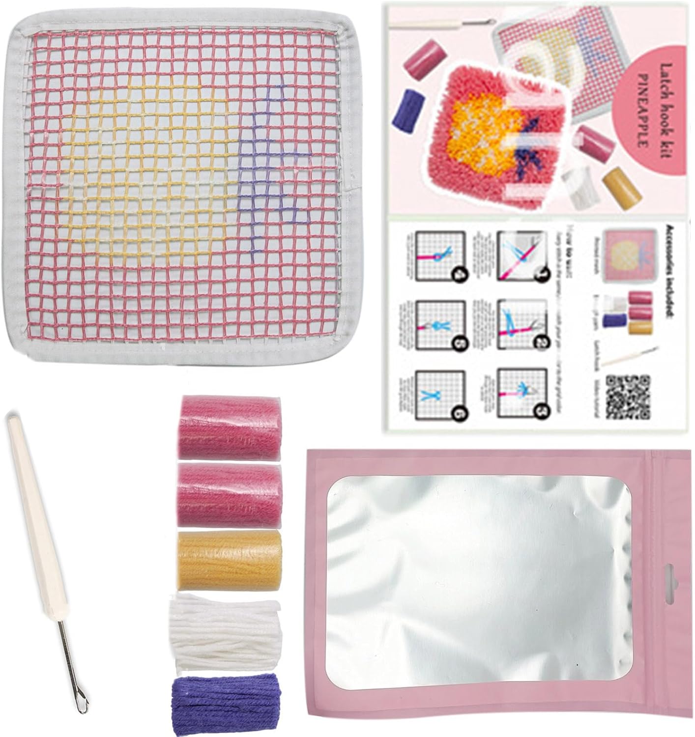 HULNAMRYK Fruit Latch Hook Kit Yarn Embroidery Mug Rug Making Set with Tools for Beginners Adults Craft Workshops 1-Set