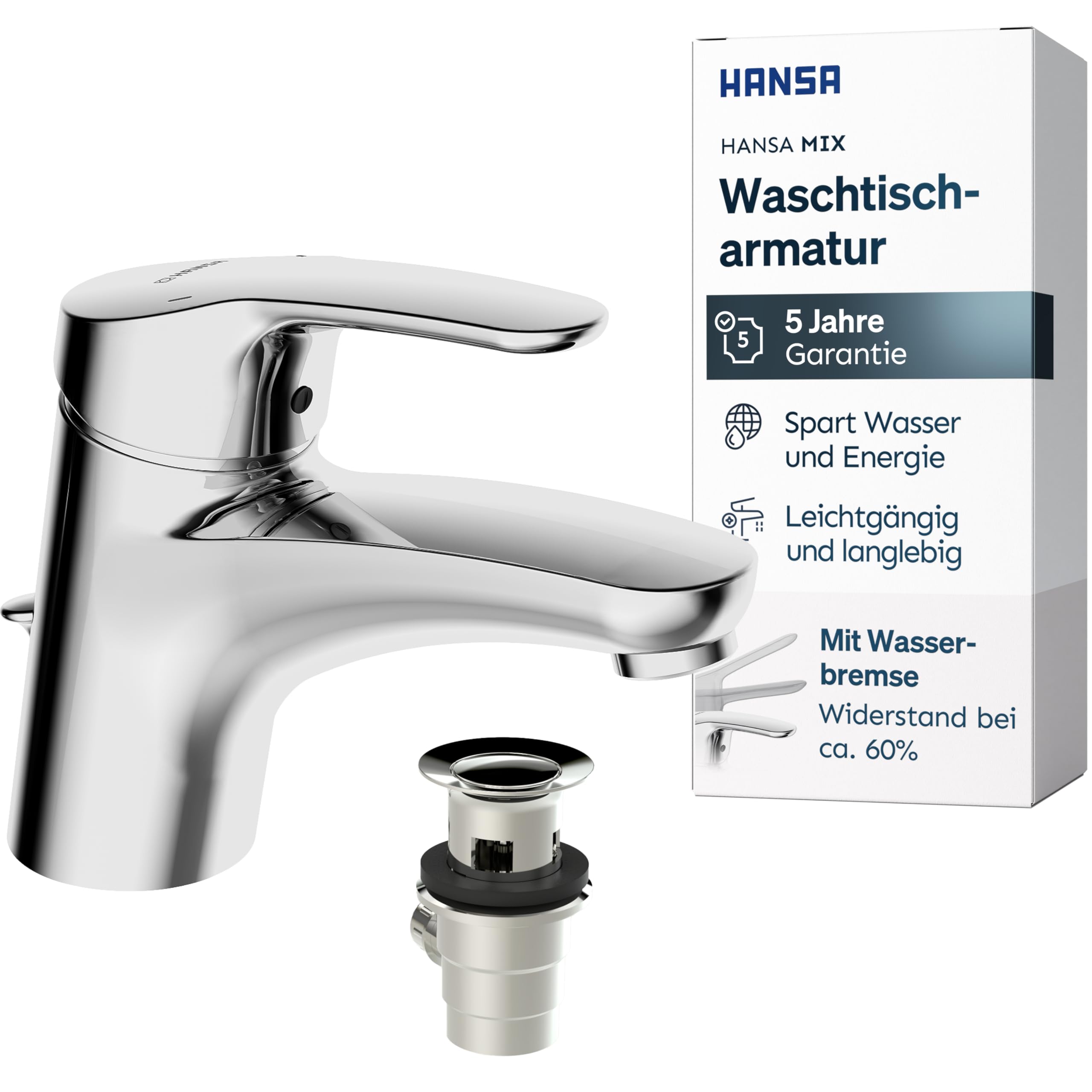 HANSA MIX Waschtischarmatur I Wassersparender Wasserhahn Badezimmer mit Wasserbremse | Mischbatterie Bad aus robustem Messing | Inkl. Ablaufgarnitur mit Zugstange | Einhebelmischer Waschbecken | Chrom