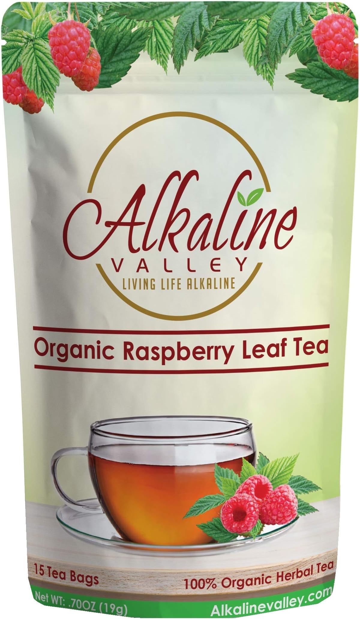 Red Raspberry Leaf Tea - 100% Alkaline and Organic - 15 Unbleached/Chemical-Free Tea Bags - Caffeine-Free, No GMO