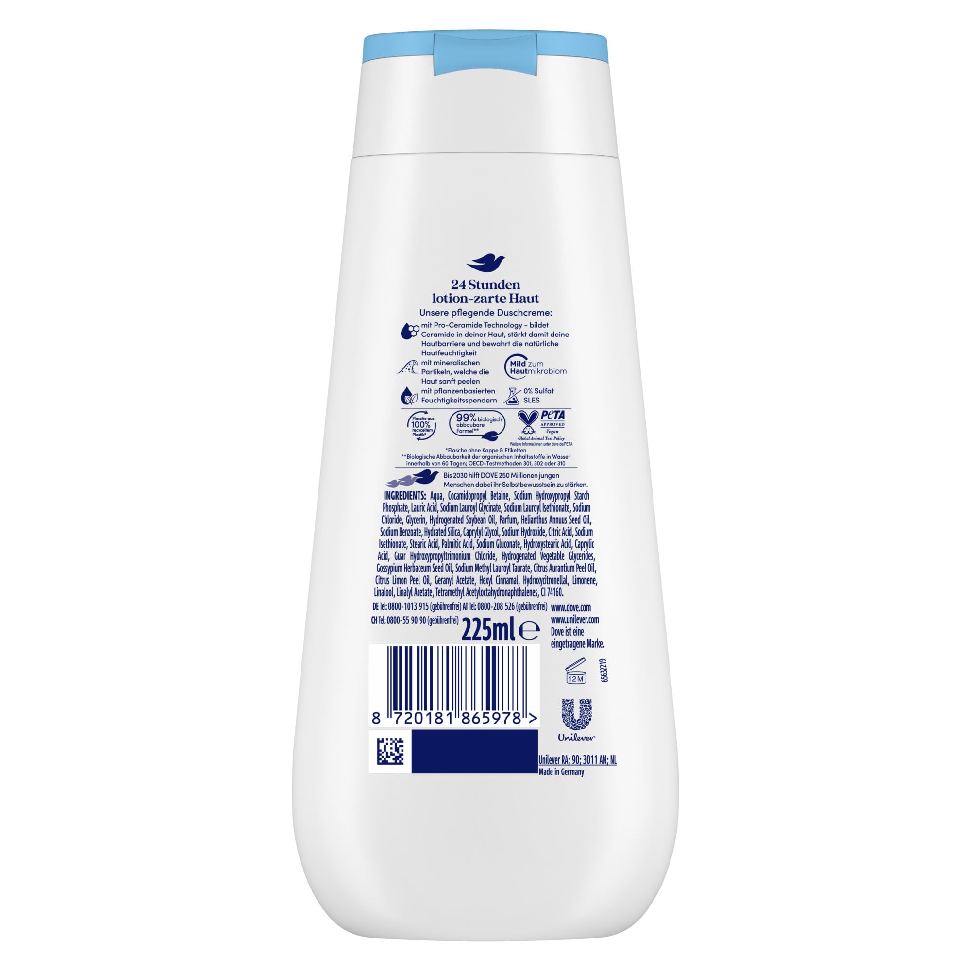 Dove Advanced Care Duschcreme Mildes Peeling & Pflege für 24 Stunden lotion-zarte Haut direkt aus der Dusche mit Pro-Ceramide Technology 12x225 ml