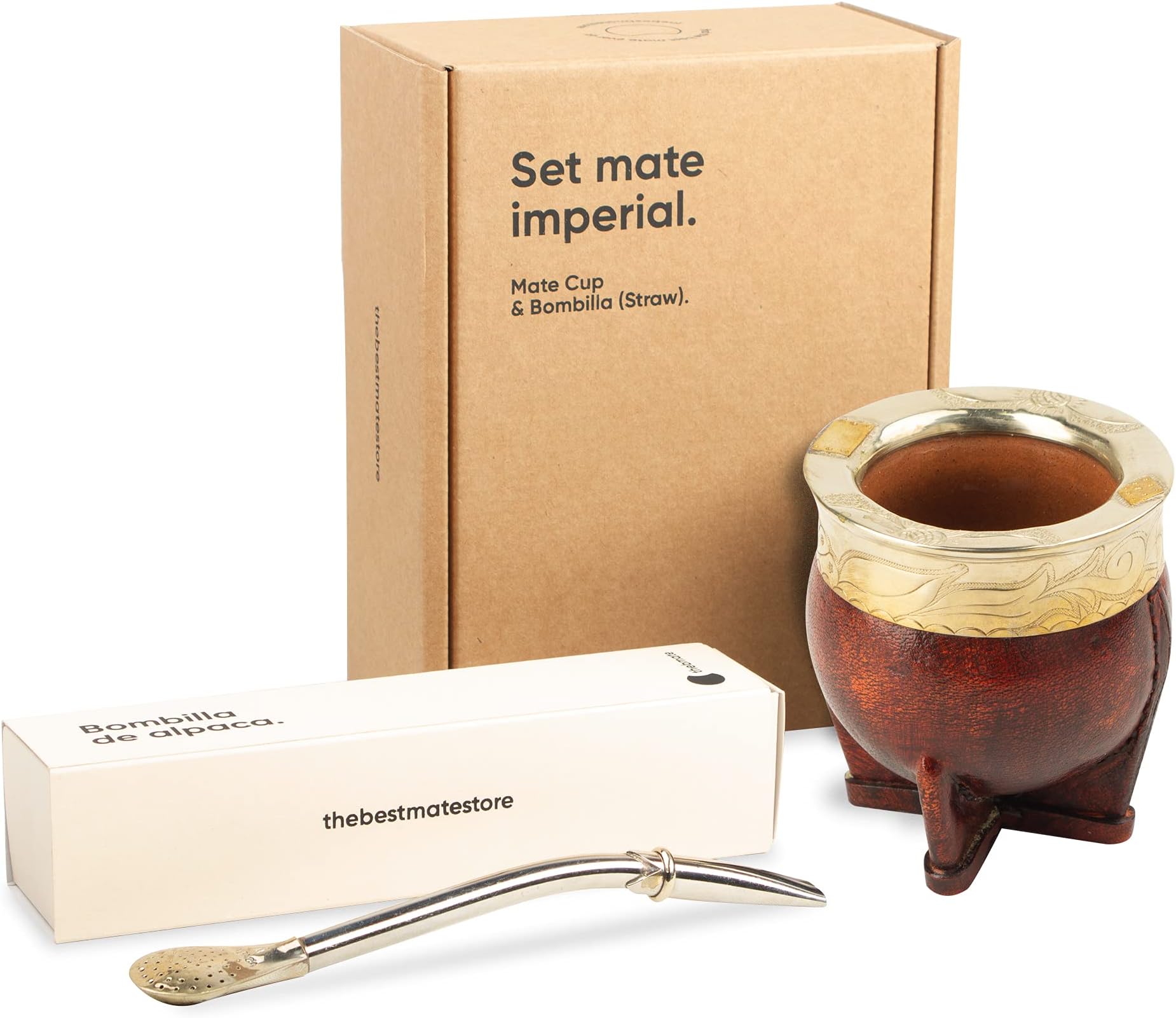 TheBmate [Imperial Premium Set] Yerba Mate Cup - Crafted Ceramic Teacup – Coppery Brown Leather Wrapped Handmade in Uruguay - Set Mate Imperial with German Silver Bombilla Straw and Cleaning Brush