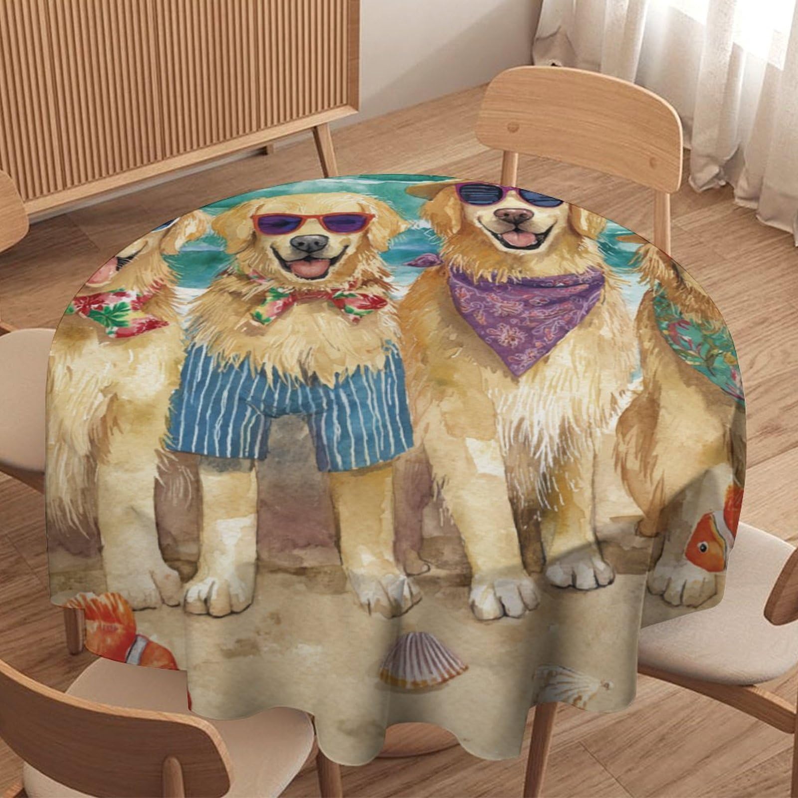 LUYYSKY Modern Colorful Cute Puppies Waterproof Round Tablecloth Nautical Oil Painting Summer Beach Palm Tree Animals Dogs Fish Pattern Washable Table Cover for Kitchen-152.4" Wx152.4 L cm