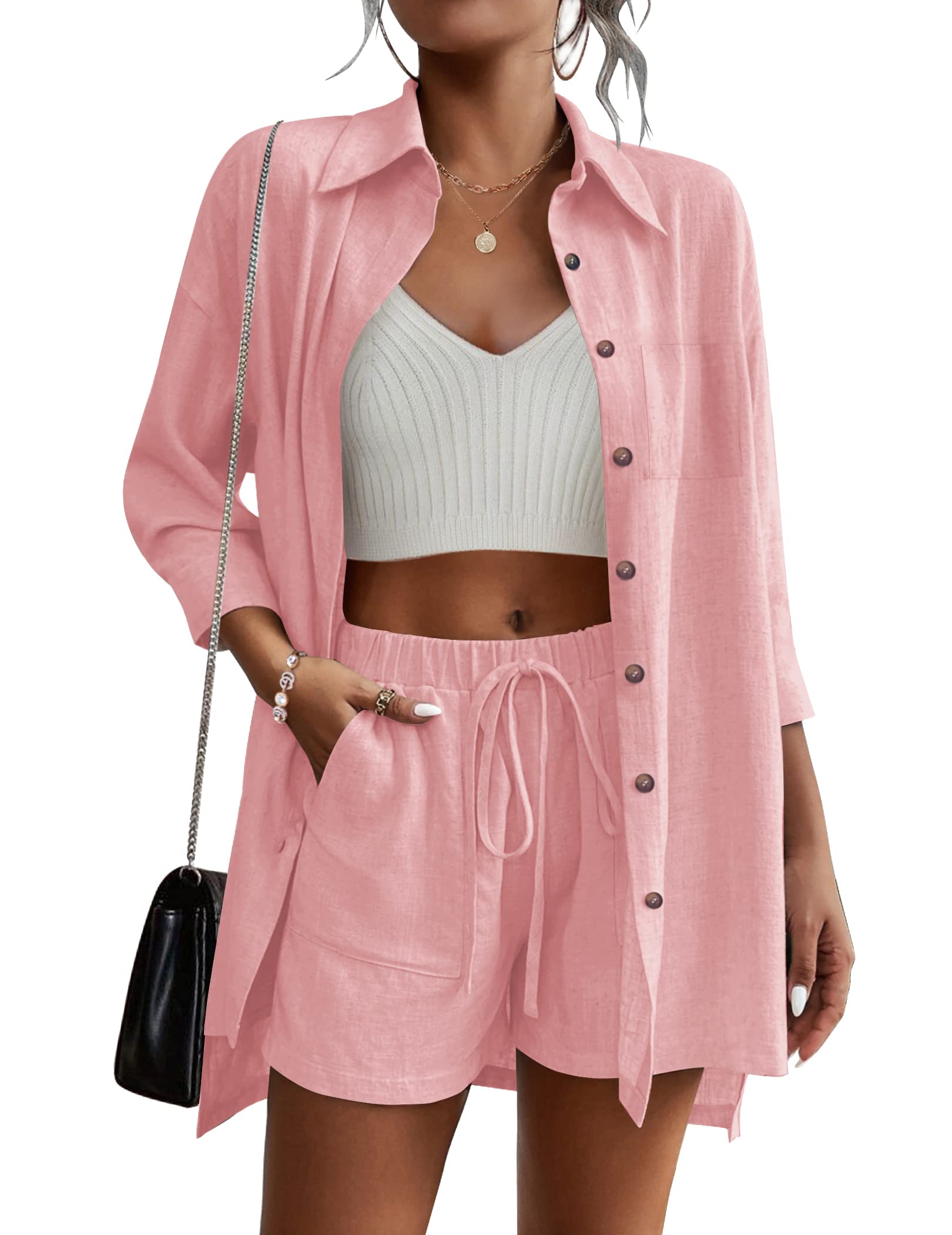 Beyove Women's Cotton Linen Set Casual Tracksuit Button Down 3/4 Sleeve Shirt Drawstring Shorts Pockets 2 Piece Lounge Set