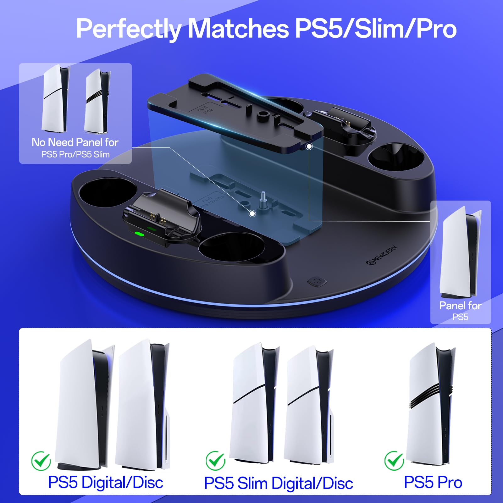 NEWDERY stojak do PS5/PS5 Slim /PS5 Pro, stacja ładująca z podwójnym kontrolerem ze światłem RGB, pionowy stojak do konsoli cyfrowej Playstation 5, czarny