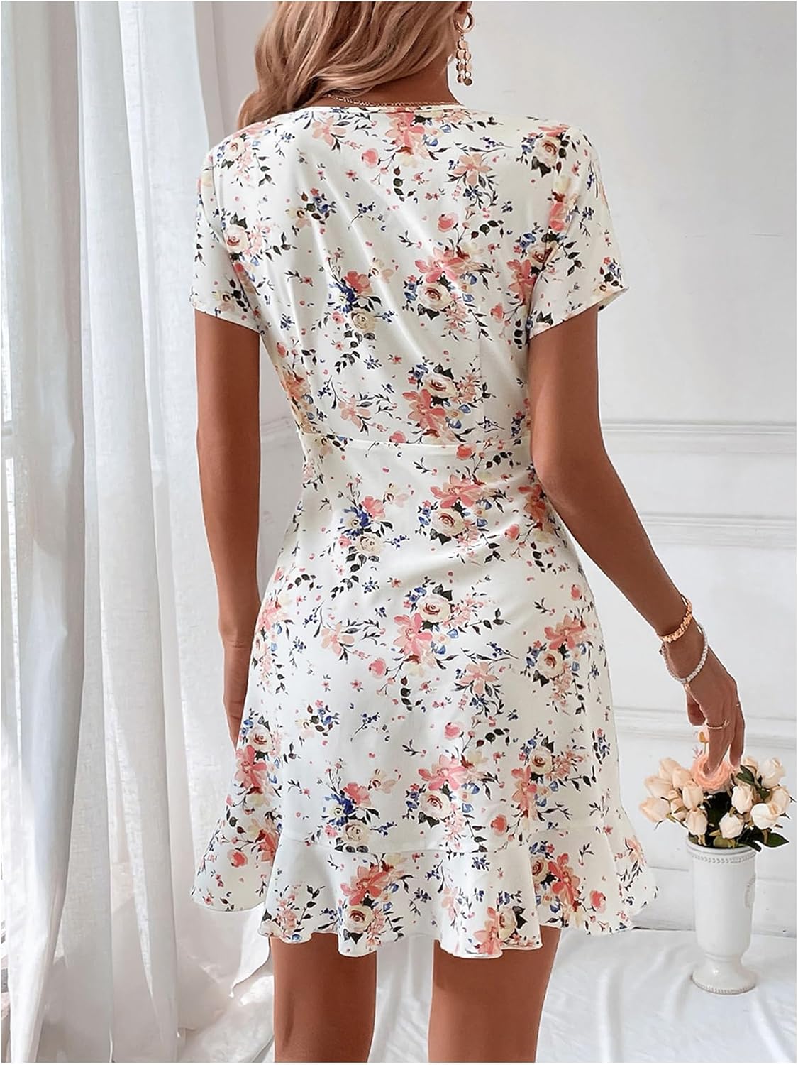 SweatyRocks Women's Tie Knot Floral Mini Dress Ruffle Short Sleeve V Neck Holiday Flowy Dresses - Image 2