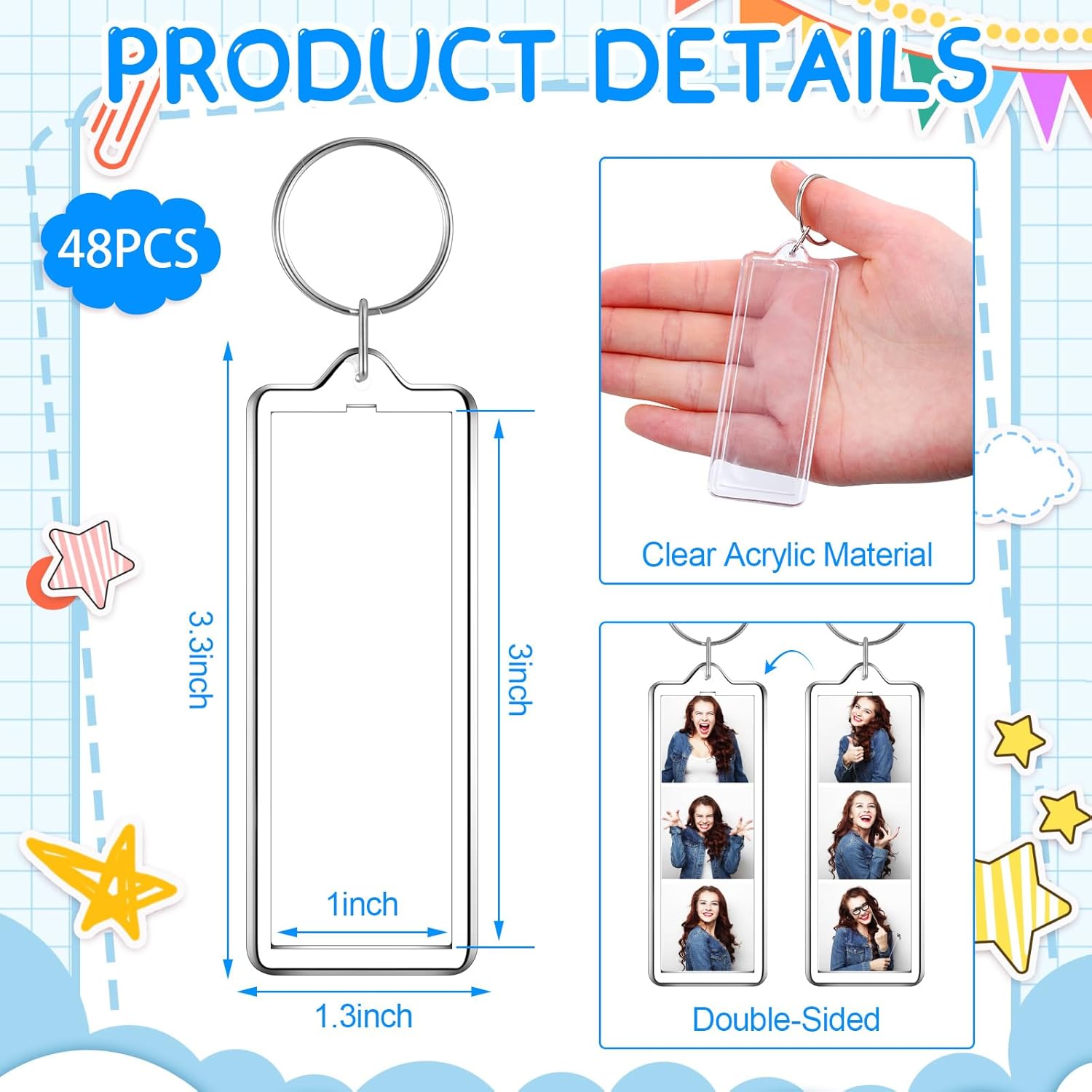 MTLEE Mini Photo Strip Keychain Frame Acrylic Photo Booth Keychain Double Sided Picture Keyring Holder Blank