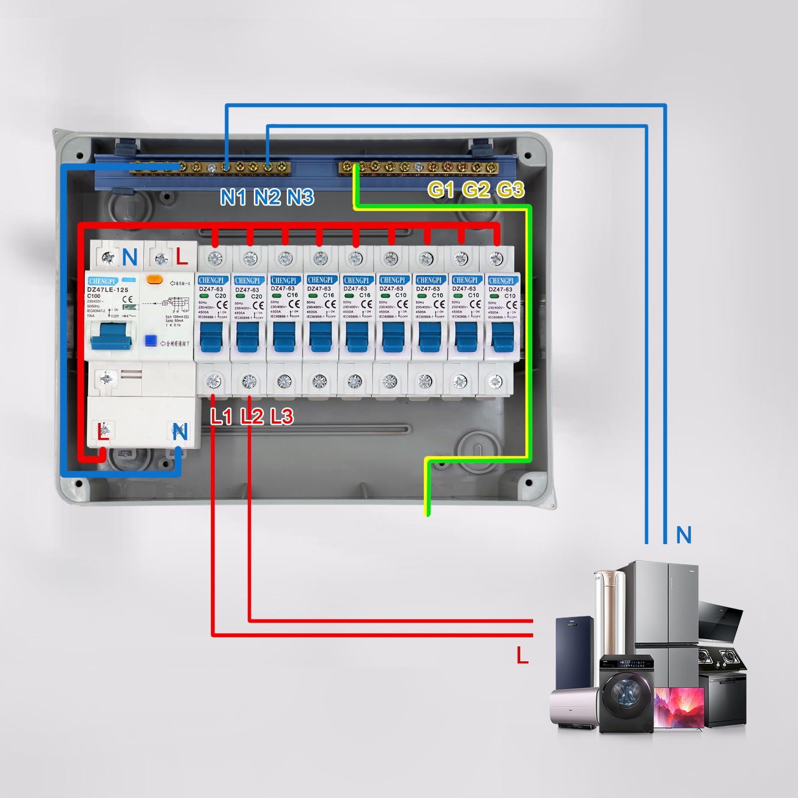 Caja de fusibles, IP65, distribuidor pequeño distribuidor, caja de distribución para casa/oficina/centro comercial, disyuntor de 100 A, interruptor de aire, 4 x 10 A+3 x 16 A+2 x 20 A/12