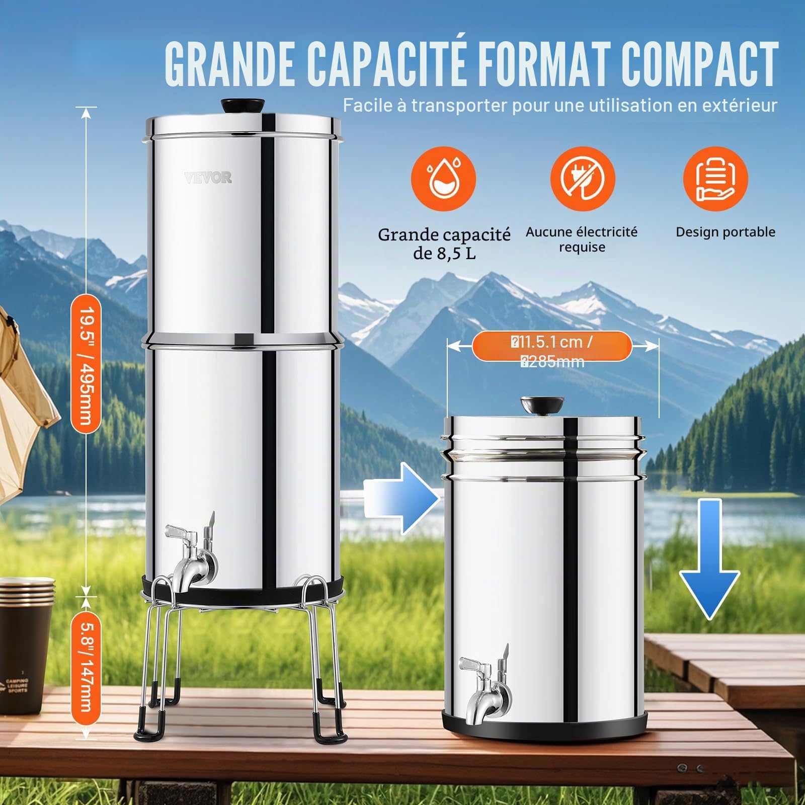 VEVOR Système de Filtration d'Eau par Gravité 8,5 L, Filtre à Eau par Gravité Réduction du Plomb et jusqu'à 99% du Chlore, en Inox 304, avec 2 Filtres à Charbon et Céramique, Robinet et Support
