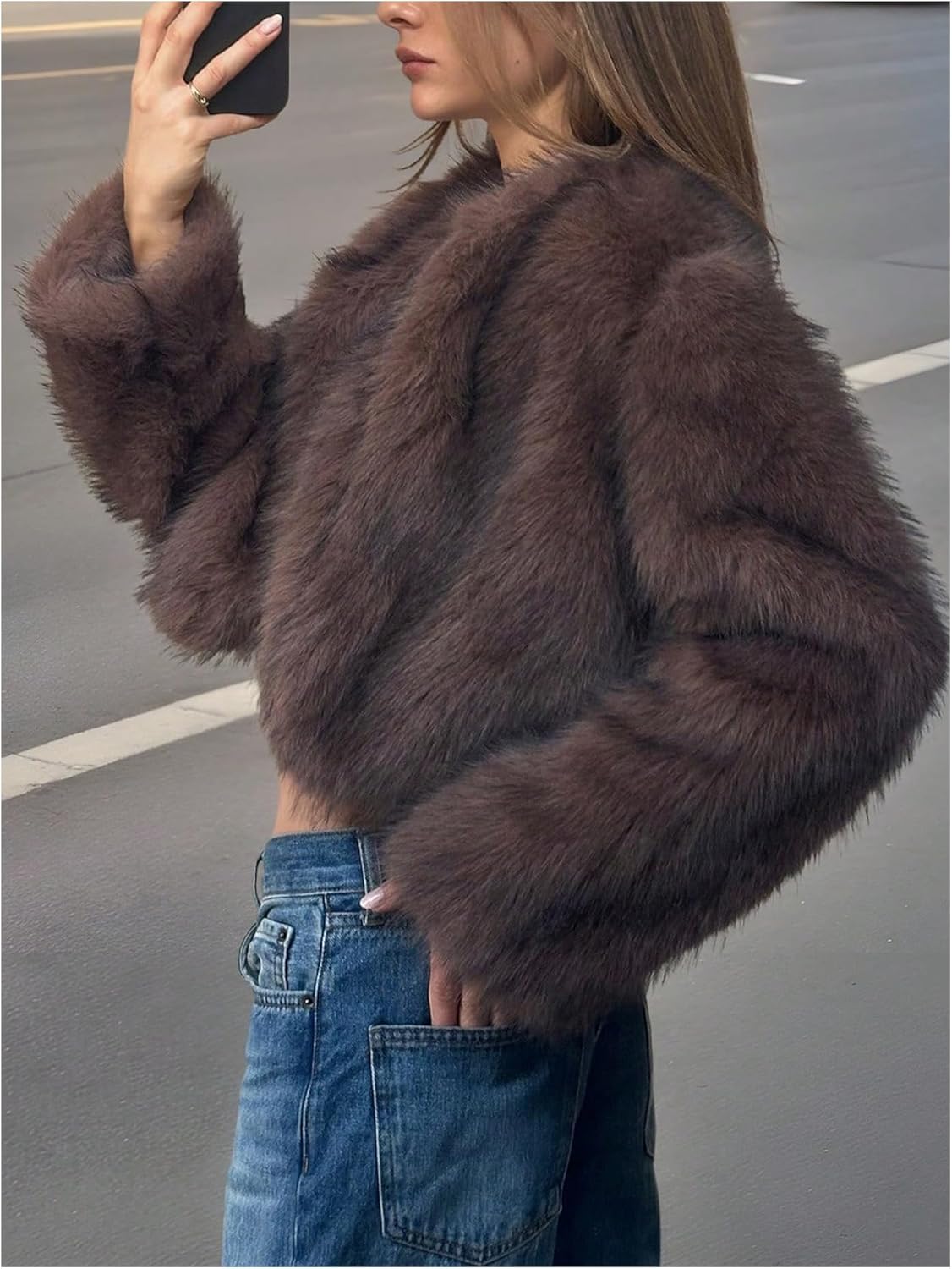 Women's Faux Fur Crop Coat Long Sleeve Open Front Fuzzy Outerwear Fall Winter Warm Cropped Jacket