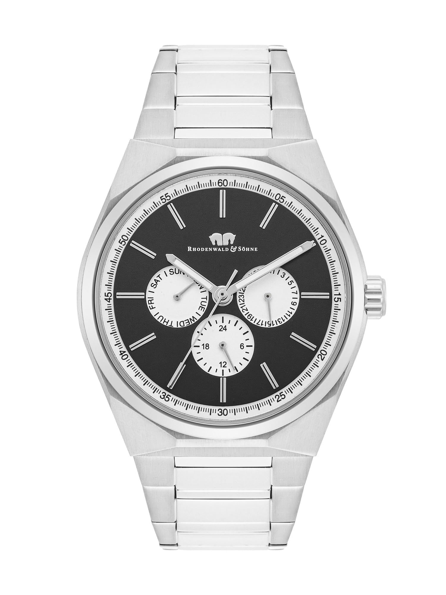 Rhodenwald & Söhne Herren Uhr Edelstahl Silber Quarzwerk 5 ATM | Edelstahl Armband, silber, Gliederarmband, Multifunktion(en), Zifferblatt schwarz, Mineralglas, Armbanduhr