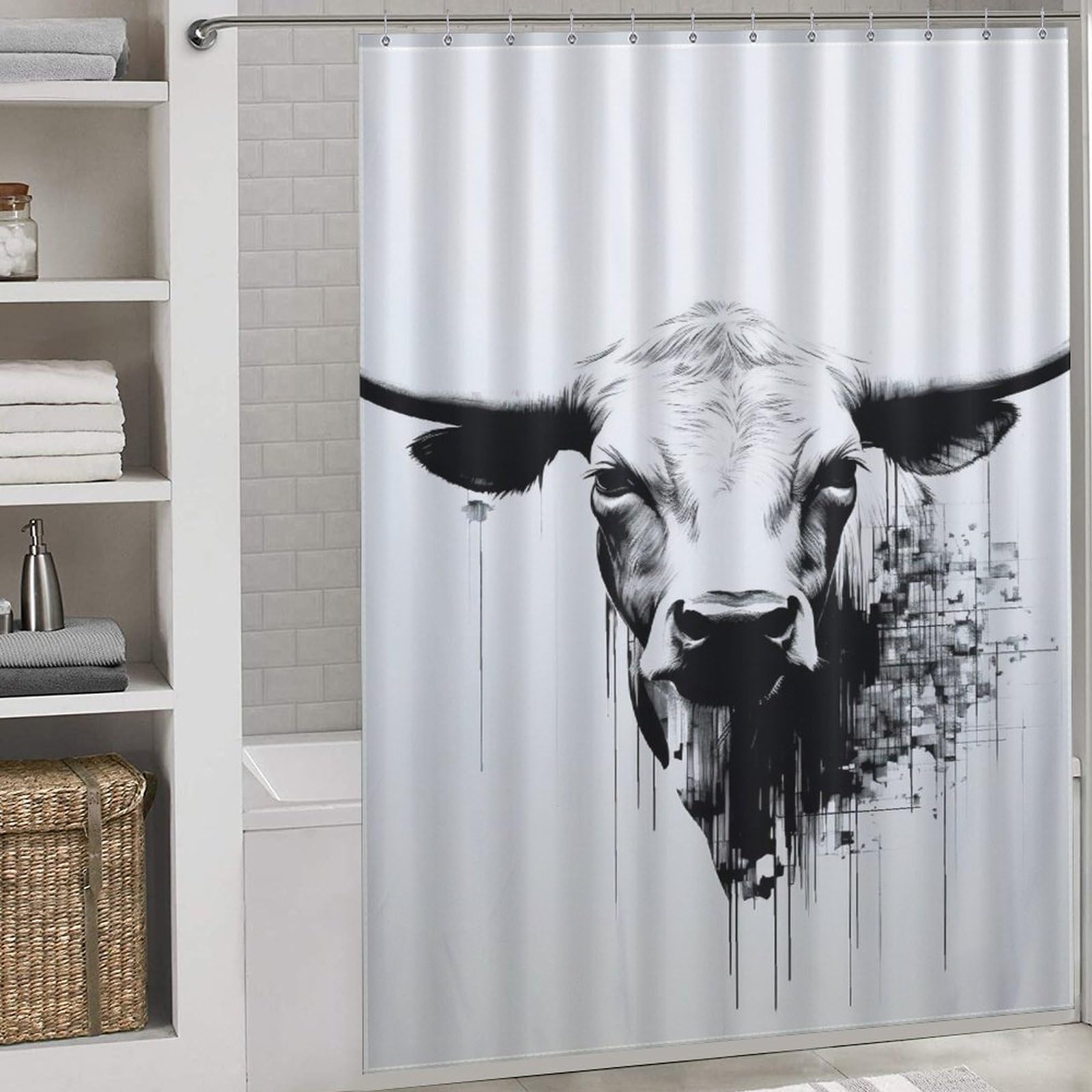 Rideau de douche vache 168x183 cm lavable en tissu imperméable
