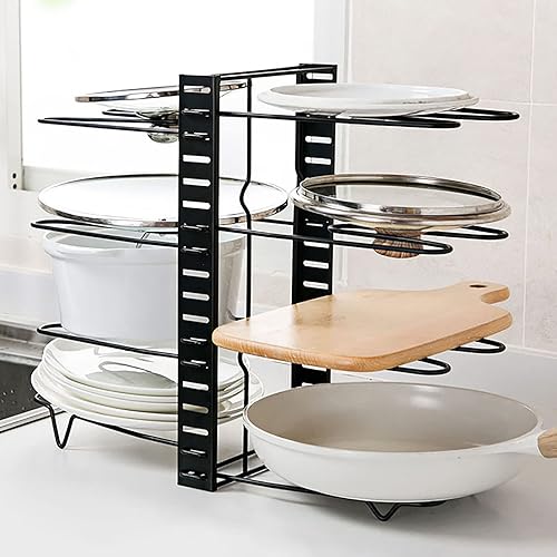 Miniatura 8 de Organizador ajustable para ollas y sartenes para armario de cocina, 8 niveles, organizador de ollas y sartenes, soporte de tapa expandible para