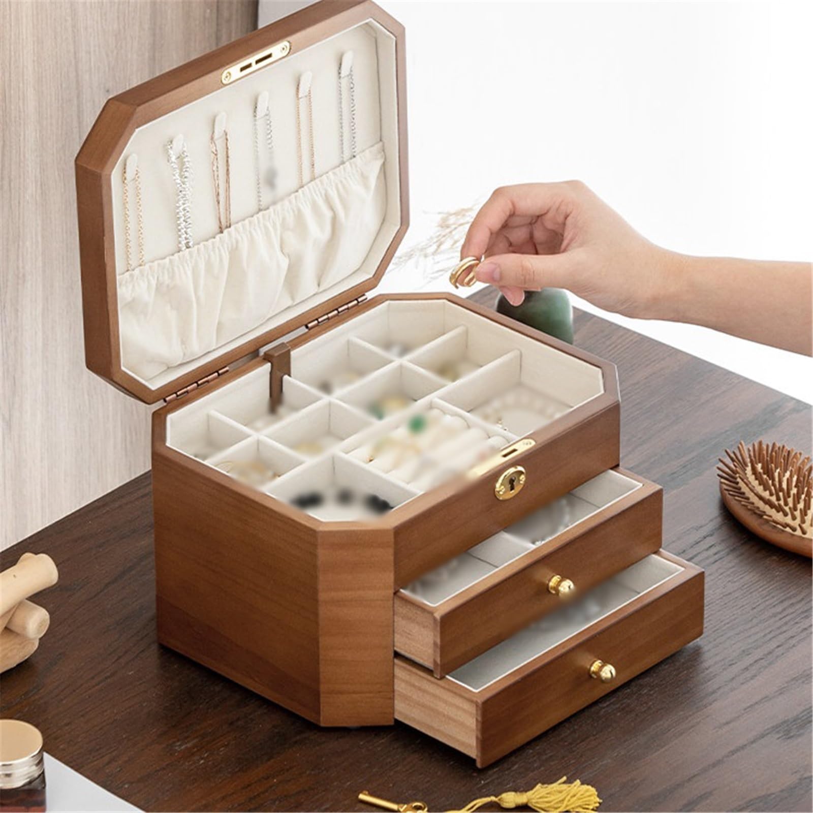 Soporte de joyería Caja de almacenamiento joyería madera vintage hexagonal