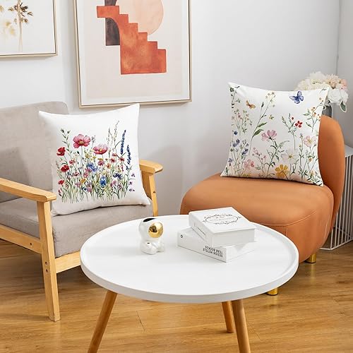 Miniatura 5 de Juego de 4 fundas de almohada decorativas de primavera de 18 x 18 pulgadas, diseño de flores silvestres, mariposas, jardín, patio, exteriores, para