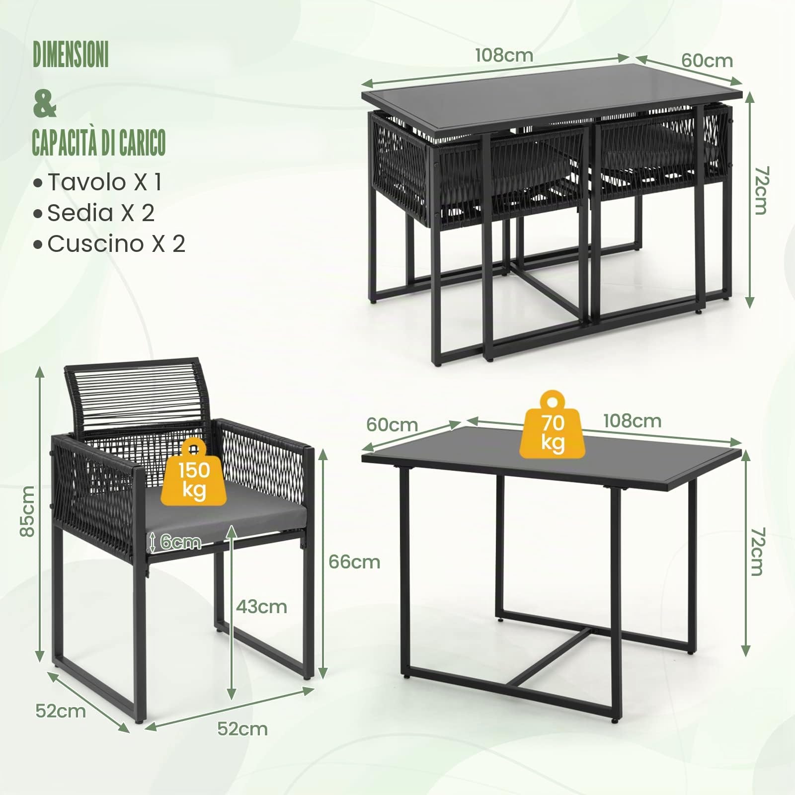 KOMFOTTEU Set di mobili da 3 pezzi, set da tavolo e 2 sedie in rattan PE, set da pranzo con sedie pieghevoli, cuscini estraibili, tavolo in vetro, per giardino, patio, terreza