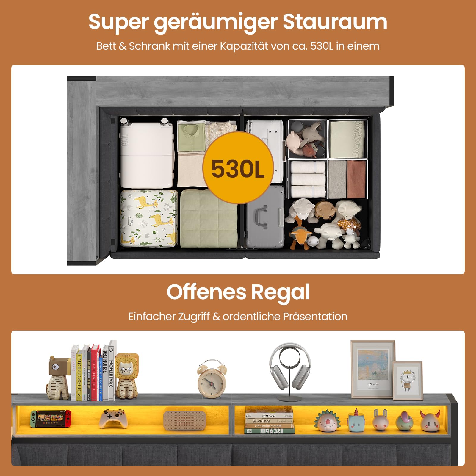 DICTAC Polsterbett 90x200 mit Stauraum, LED & Ladestation | Jugendbett 90x200 mit Hydraulischer Bettkasten, zweistöckiges Ablagefach |Tagesbett Einzelbett in Grau– für Kinder,Jugendliche & Erwachsene
