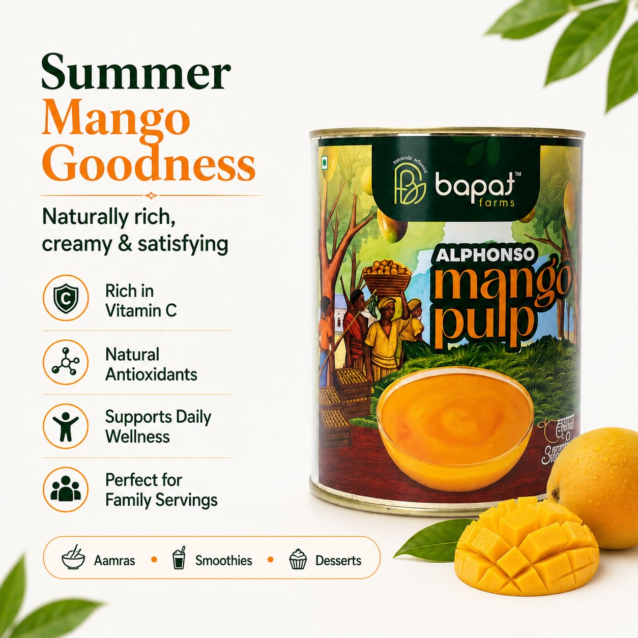 Bapat Farms Pure Alphonso Mango Pulp (Hapus), Authentic Konkan Origin, Rich & Creamy Aamras, Sweetened, 450g Tin 2
