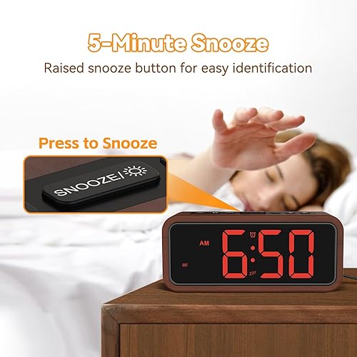 Miniatura 5 de Netzu Reloj despertador de madera, reloj digital fuerte con 5 volúmenes, 12 tonos de llamada, horario de verano manual, reloj despertador enchufable