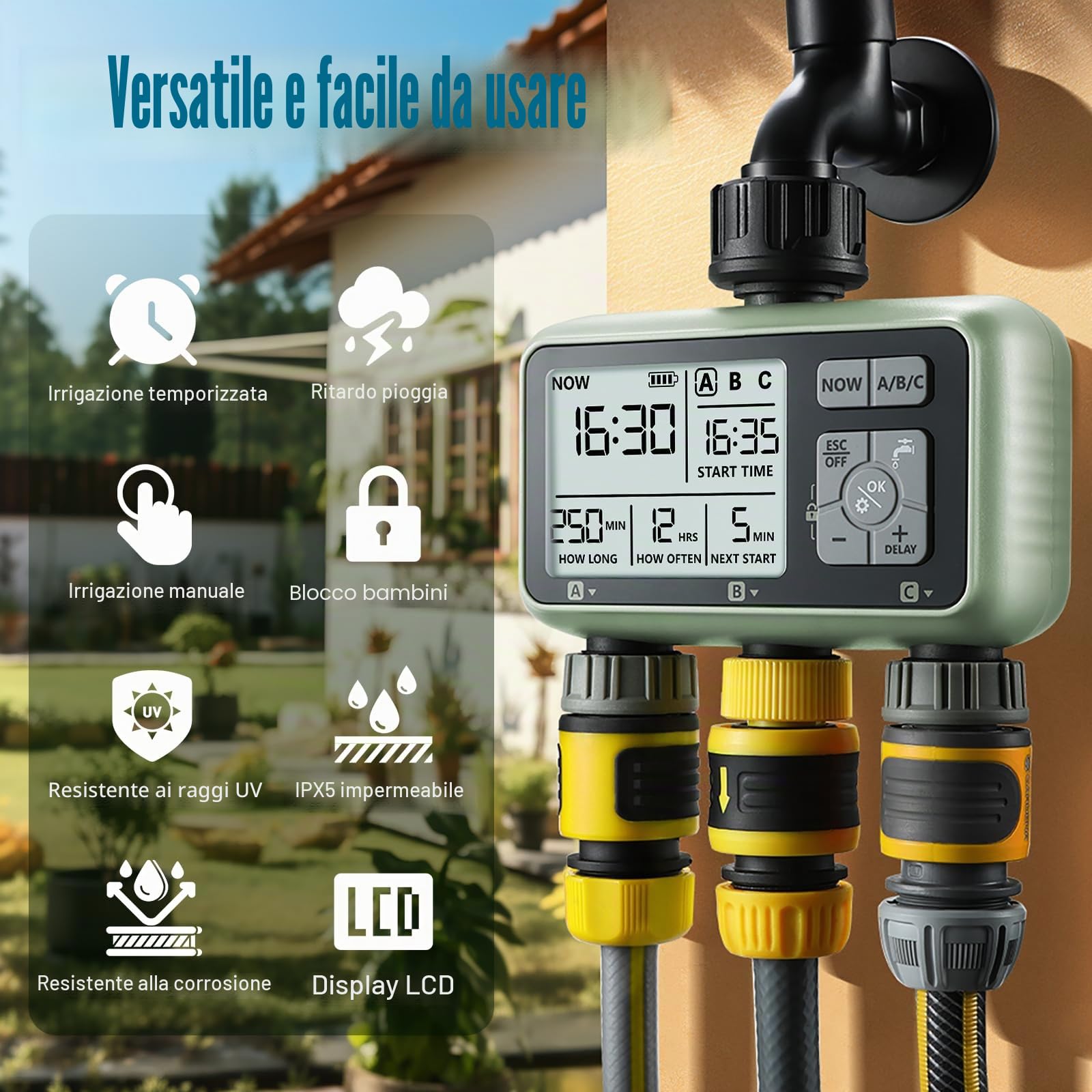 CROSOFMI 3 Vie Timer Irrigazione Automatica Digitale Centralina Irrigazione Temporizzatore Programmatore Irrigazione Giardino /IPX5 Impermeabile/Ritardo Pioggia/Modalità di Irrigazione Manuale
