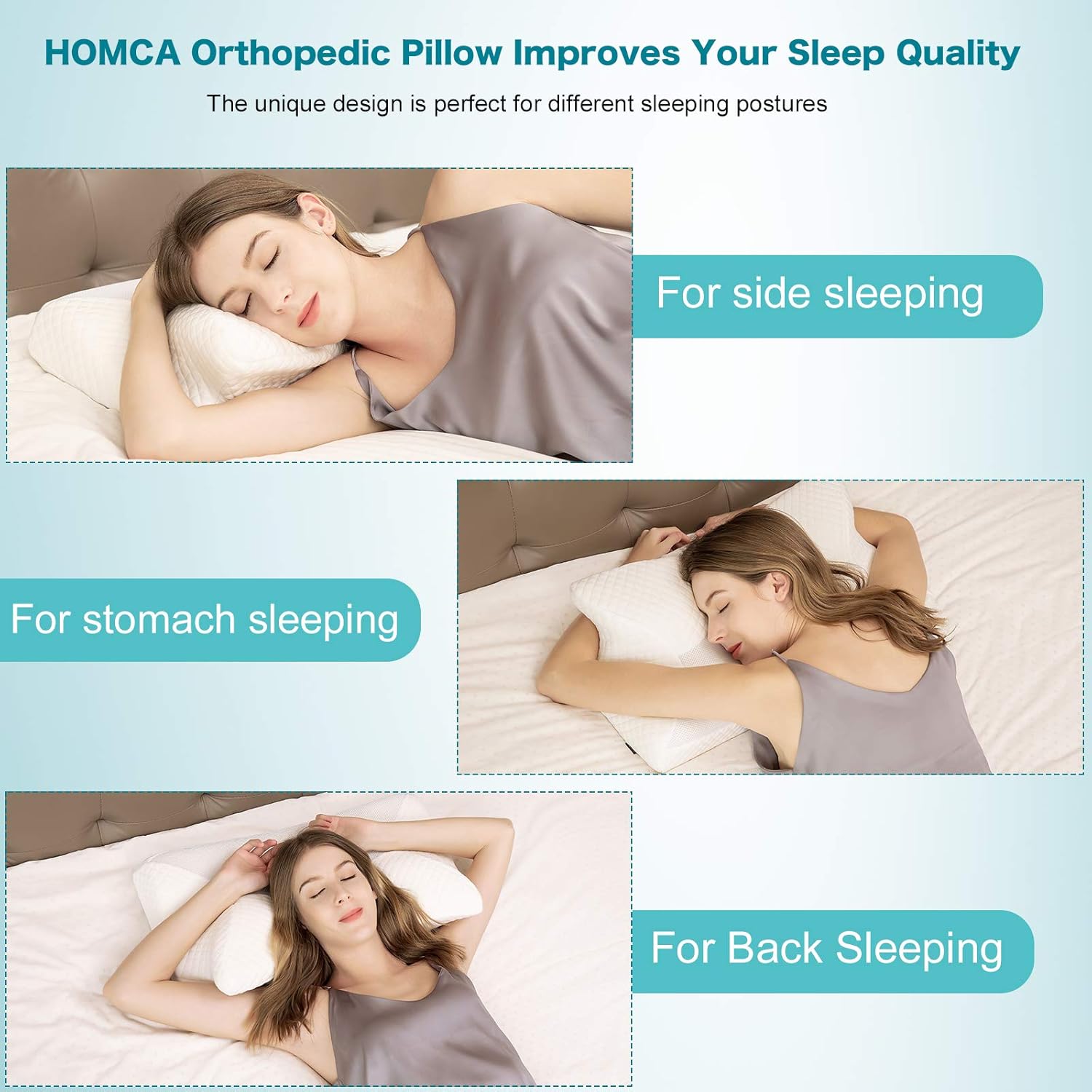 HOMCA Cervical Memory Foam Pillow, Ergonomic Contour Pillow for Neck Pain Relief, Contoured Support Pillows for Side Back Stomach Sleepers, (White): Kitchen & Dining